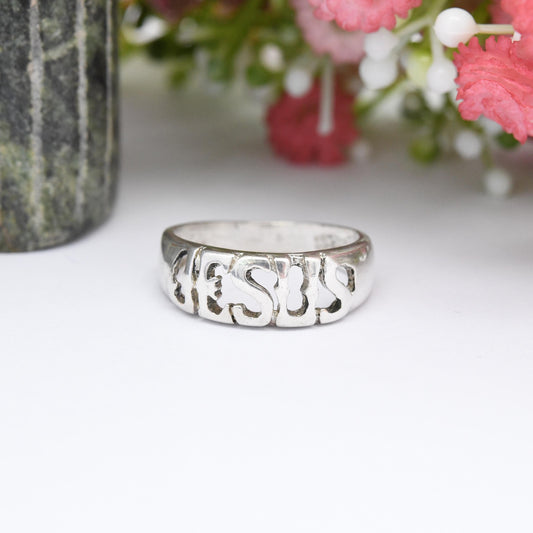 Vintage Sterling Silver Jesus Ring - Christian Unisex Gift Ring with Lettering | Religious Pinkie Ring | UK Size - M 1/2 | US Size - 6 1/4