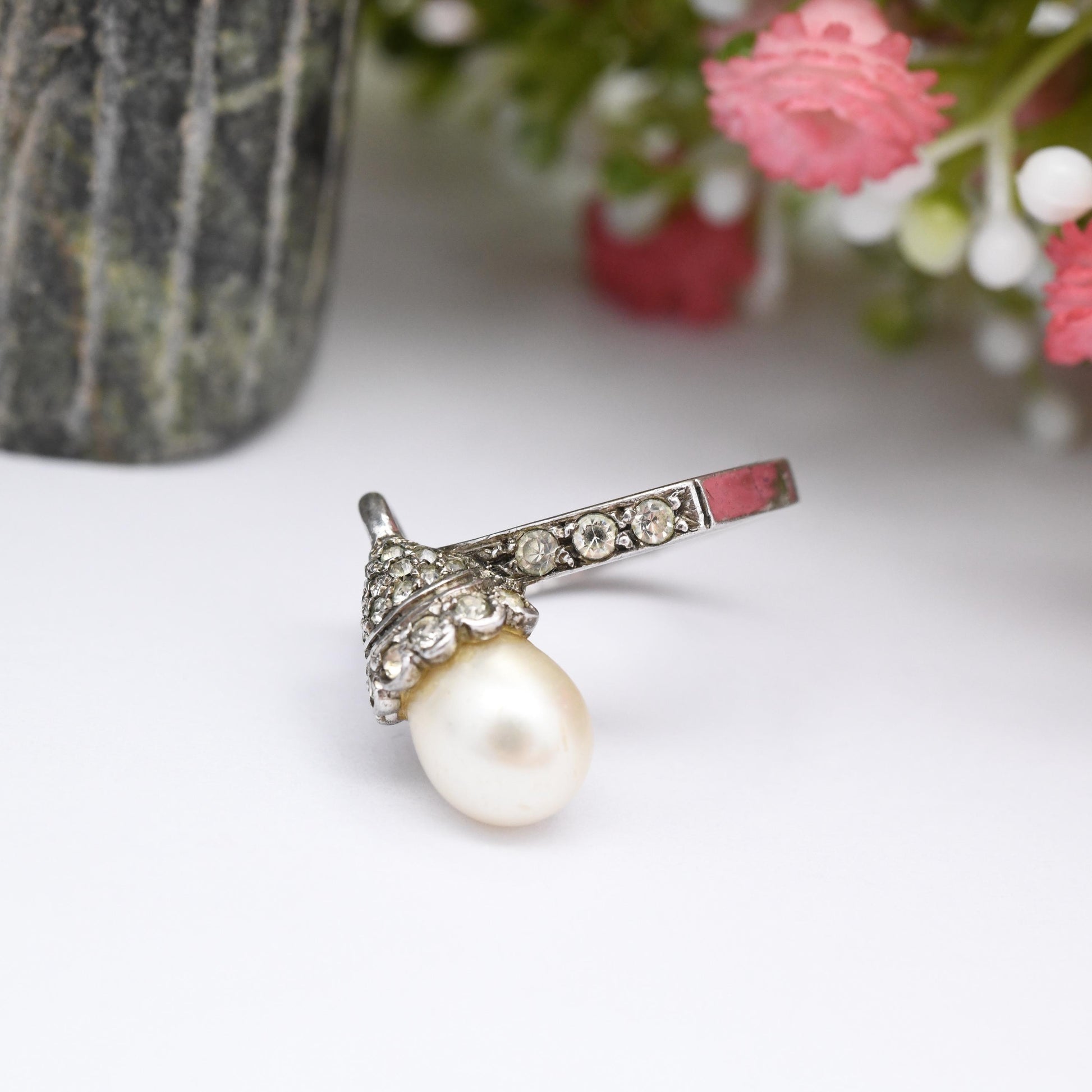 Vintage Art Deco Ciro Sterling Silver Faux Pearl Ring with Paste - SCP Ciro Pearls Crossover Ring | UK Size - L | US Size - 5 3/4