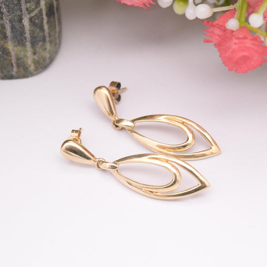 Vintage 9ct Gold Dangle Drop Earrings - Openwork Pointed Oval Design | Minimal Everyday Gold Jewellery | Butterfly Backs