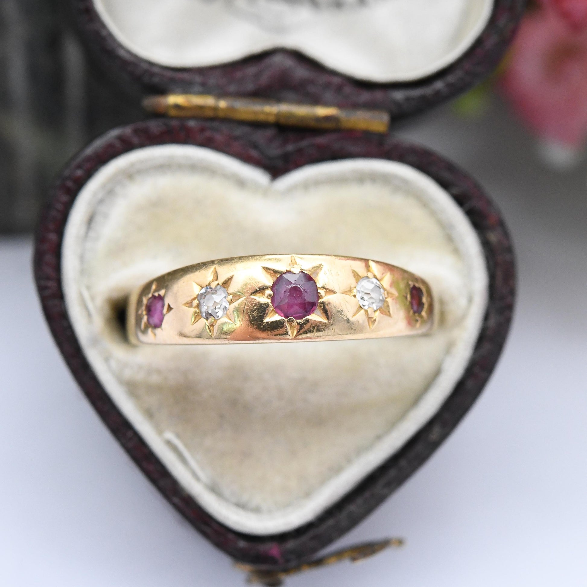 Antique 18ct Gold Ruby Diamond Gypsy Ring Five Stones - Edwardian Engagement Ring | Star Setting Flush Mount | UK Size - P | US Size - 7 3/4