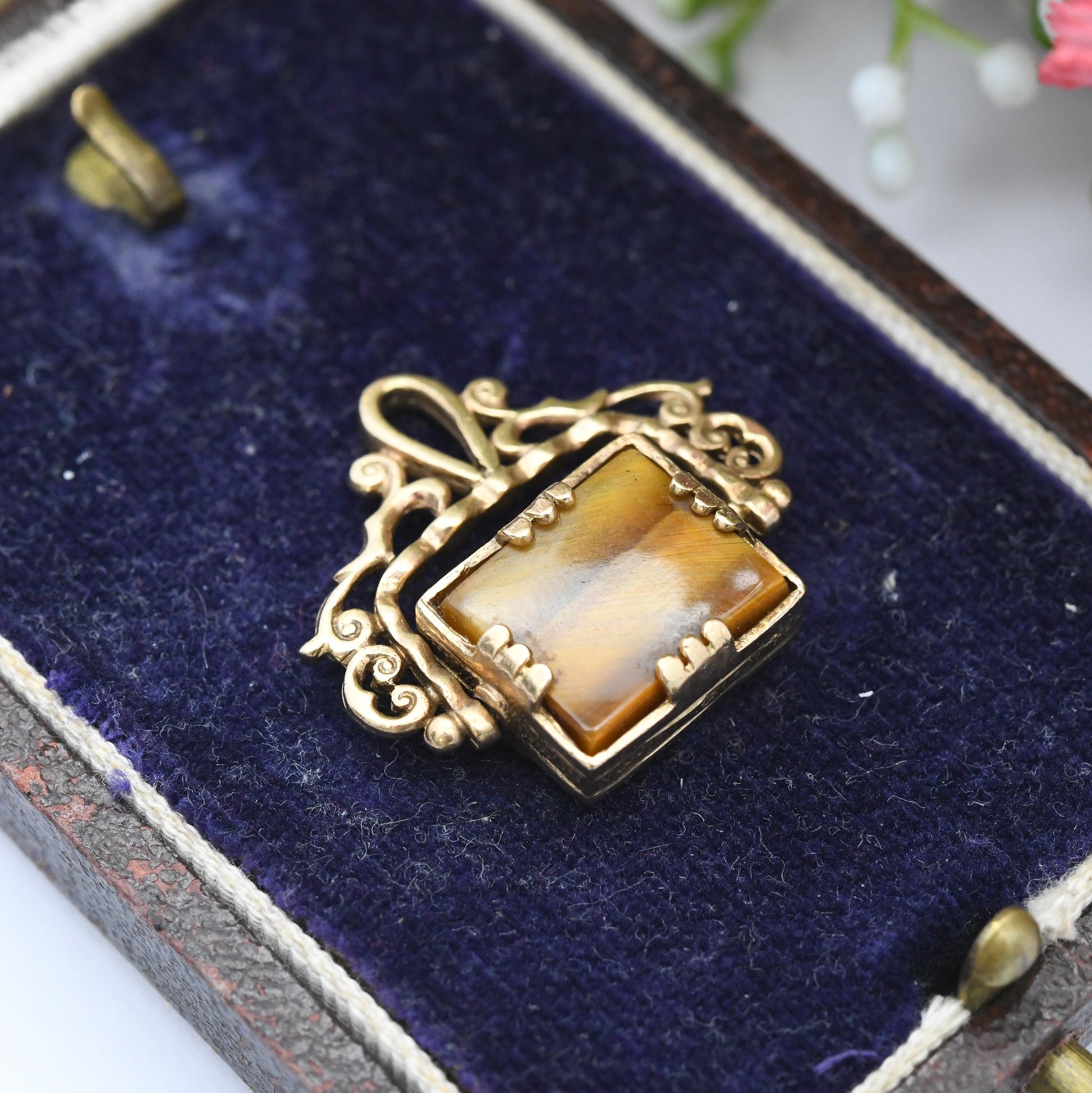 Vintage 9ct Gold Spinner Fob Pendant 1972 - Antique Style Miniature Gemstone Watch Fob Charm Ornate | Brown Tiger's Eye Black Onyx