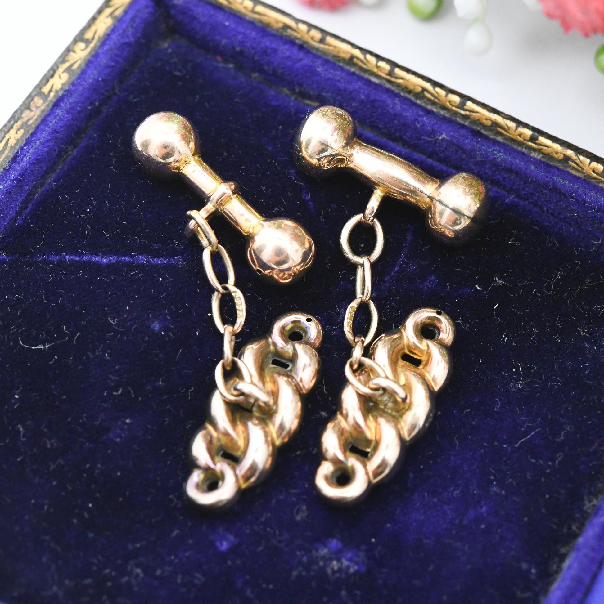 Vintage 9ct Gold Curb Link Knot Cuff Links - True Vintage Gentleman Cufflinks | Vintage Gold Men's Dress Accessories | Bar and Chain