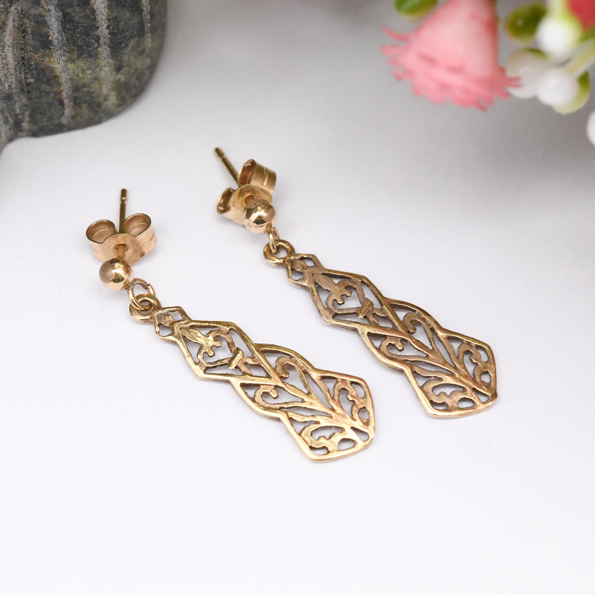 Vintage 9ct Gold Dangle Drop Stud Earrings 1998 - Ornate Openwork Scrolling Design | Butterfly Backs | Pretty Solid Gold Gift for Her