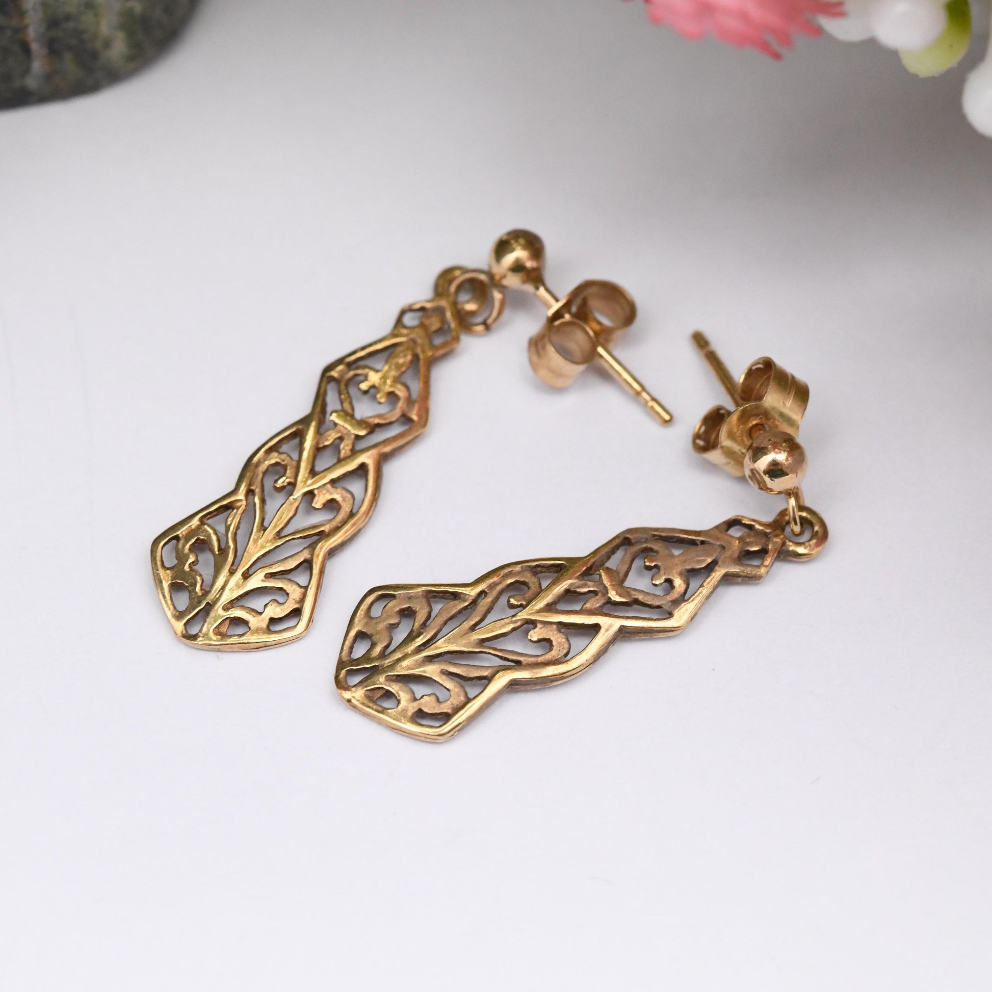 Vintage 9ct Gold Dangle Drop Stud Earrings 1998 - Ornate Openwork Scrolling Design | Butterfly Backs | Pretty Solid Gold Gift for Her