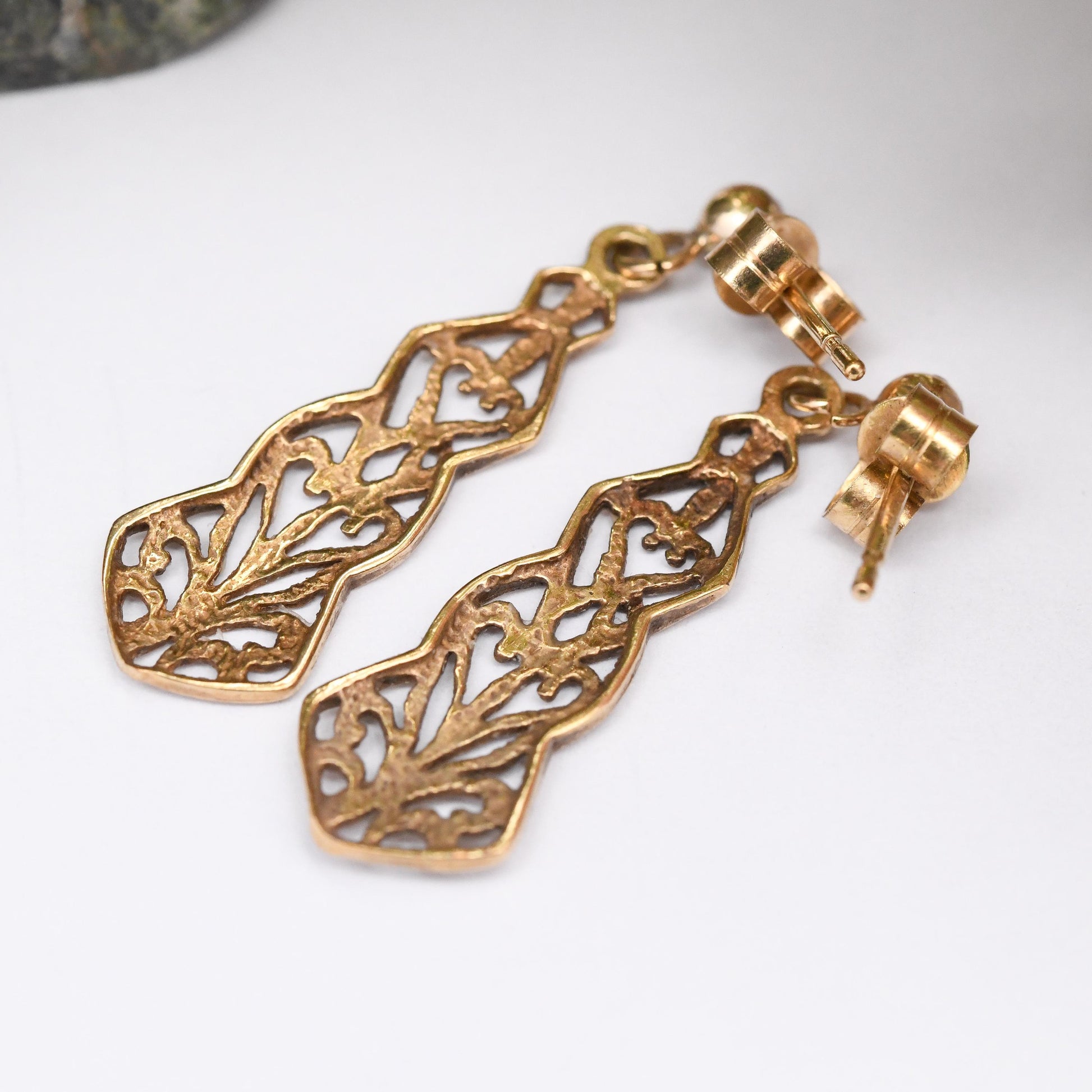 Vintage 9ct Gold Dangle Drop Stud Earrings 1998 - Ornate Openwork Scrolling Design | Butterfly Backs | Pretty Solid Gold Gift for Her