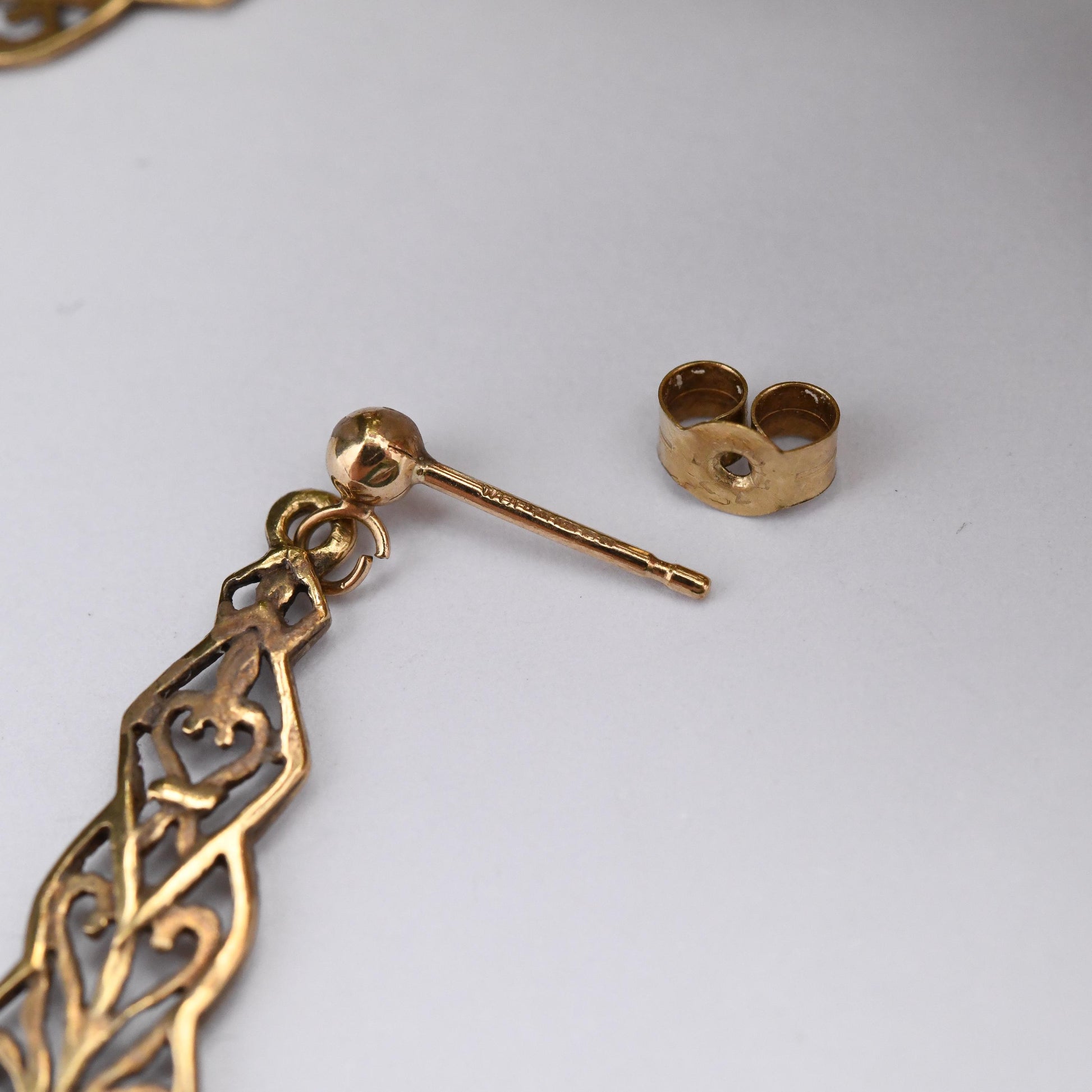 Vintage 9ct Gold Dangle Drop Stud Earrings 1998 - Ornate Openwork Scrolling Design | Butterfly Backs | Pretty Solid Gold Gift for Her