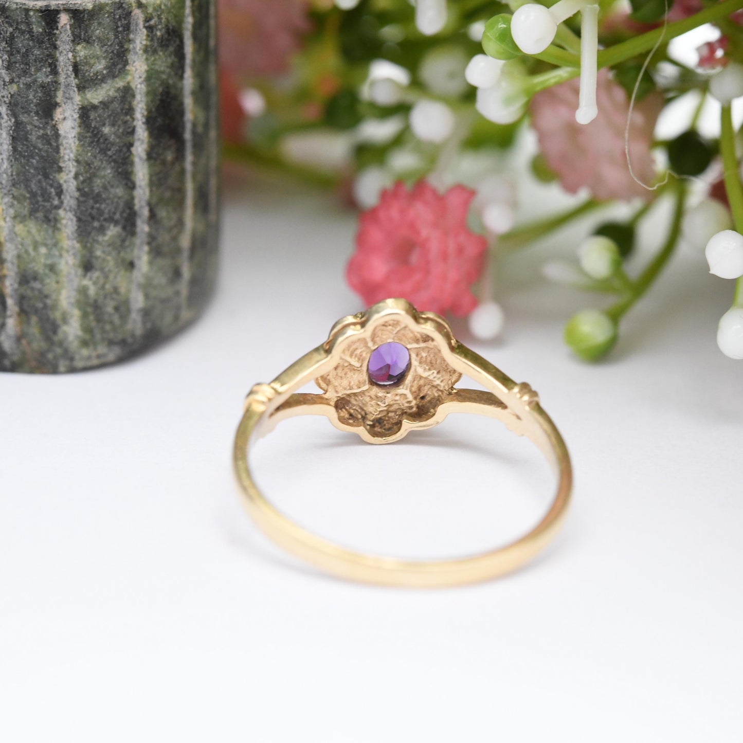 Vintage 9ct Gold Amethyst Ring Spiral Flower Shape - 1990's Design Purple Stone Solitaire | Thumb Ring | UK Size - P | US Size - 7 3/4