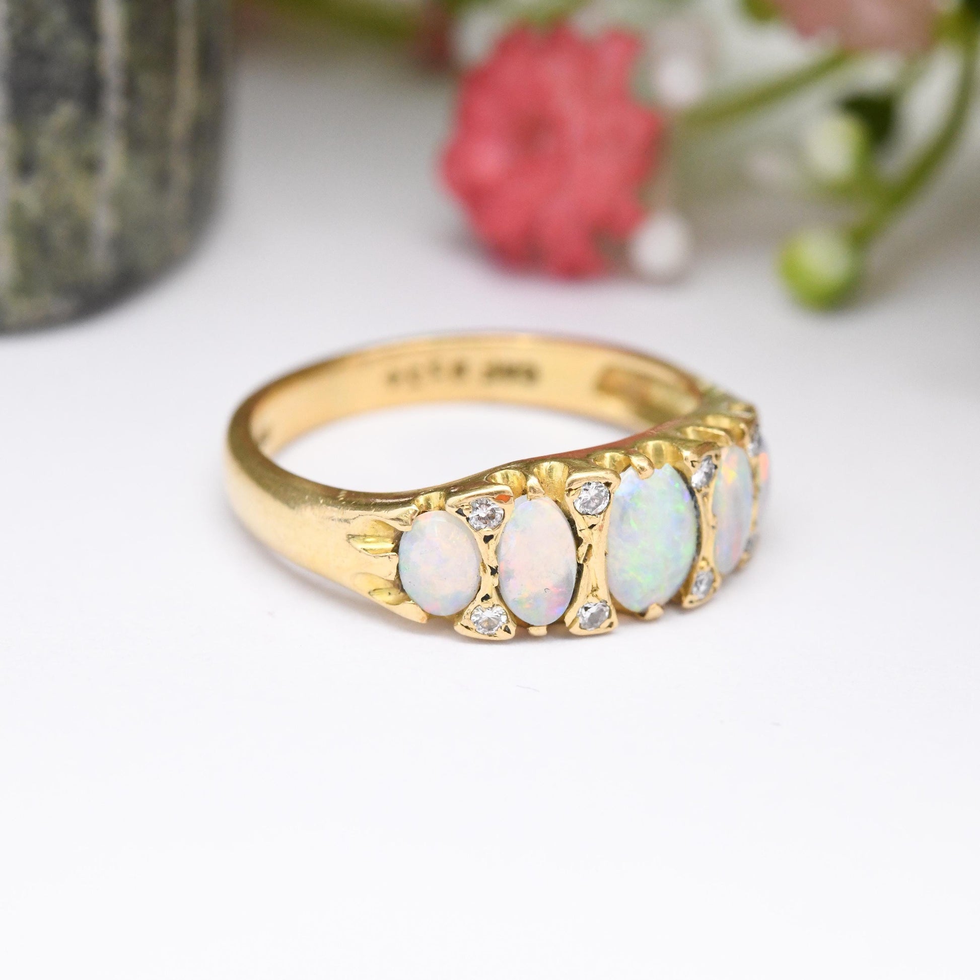 Vintage 18ct Gold Opal Diamond Gypsy Ring - Oval Cabochon Five Stones | Mid-Century Antique Revival Style | UK Size M 1/2 | US Size 6 1/2