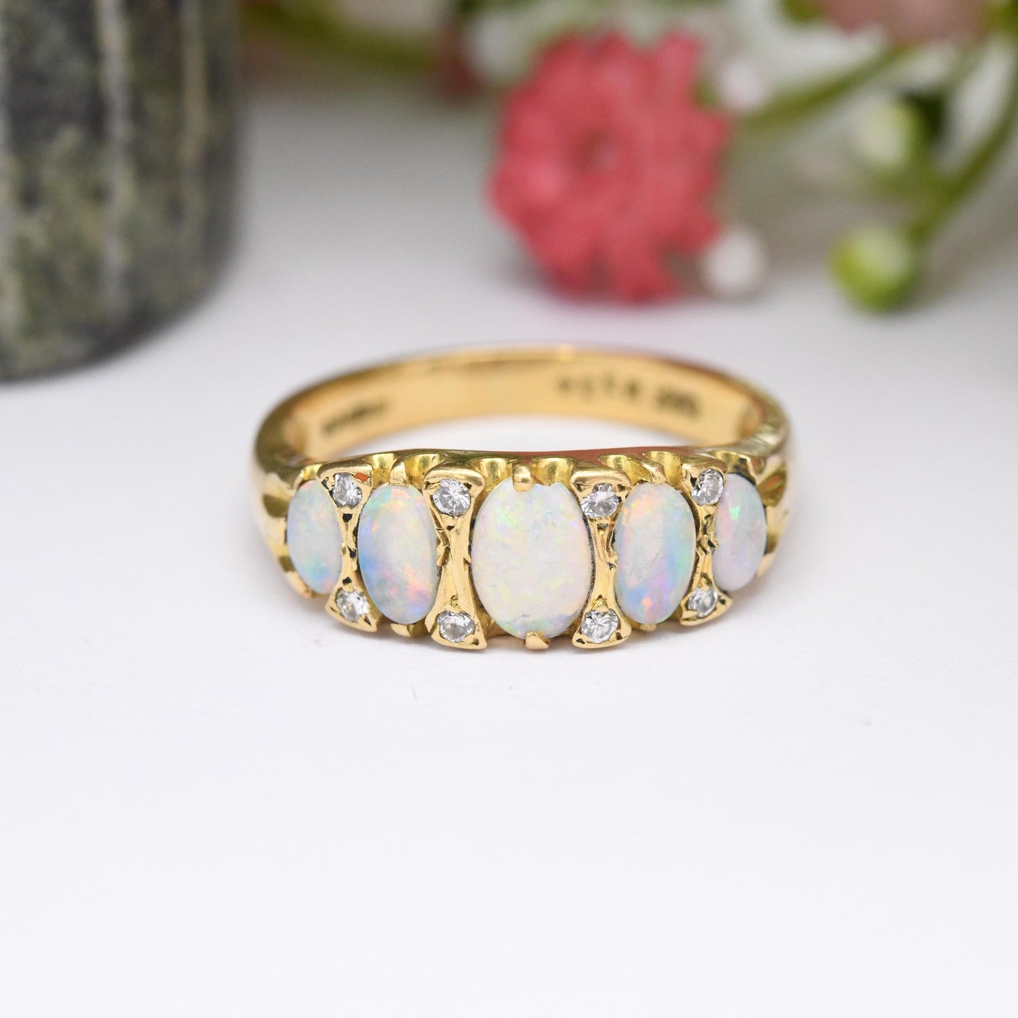 Vintage 18ct Gold Opal Diamond Gypsy Ring - Oval Cabochon Five Stones | Mid-Century Antique Revival Style | UK Size M 1/2 | US Size 6 1/2