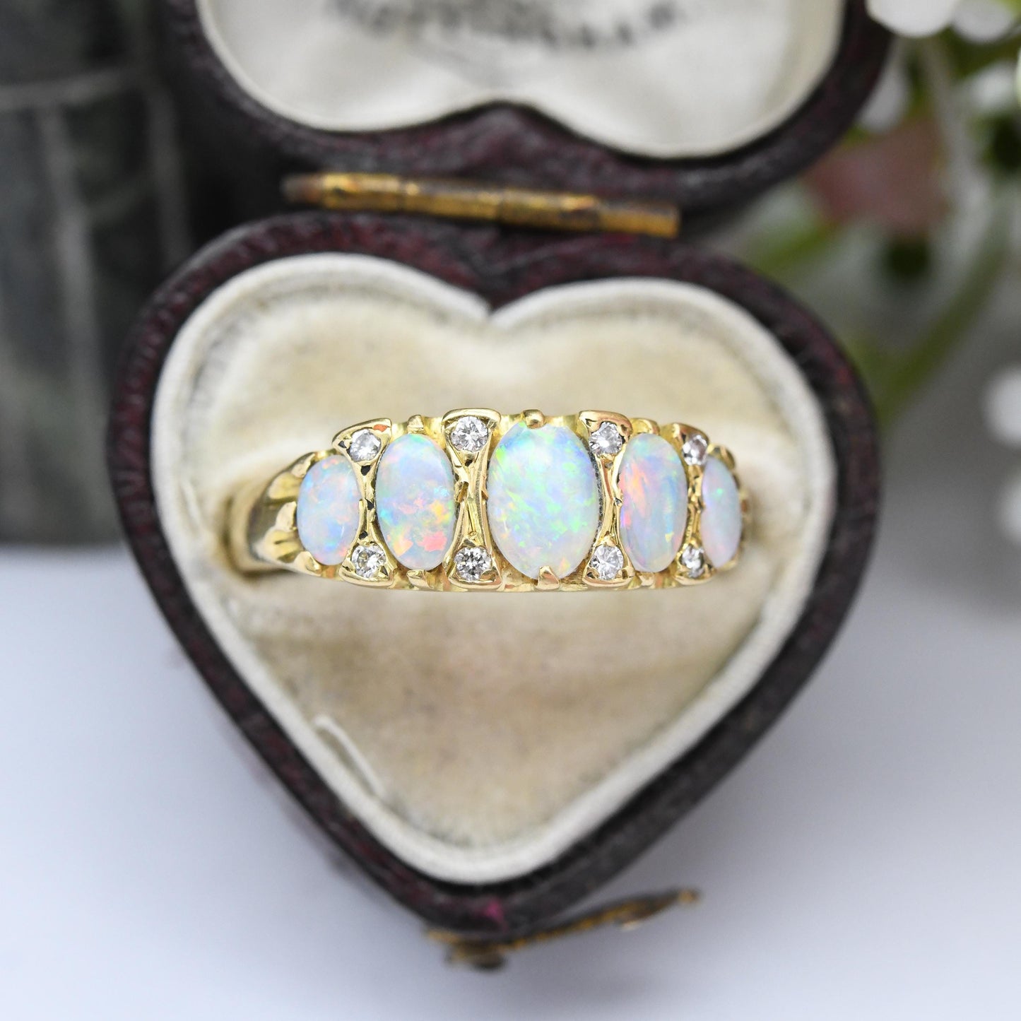 Vintage 18ct Gold Opal Diamond Gypsy Ring - Oval Cabochon Five Stones | Mid-Century Antique Revival Style | UK Size M 1/2 | US Size 6 1/2