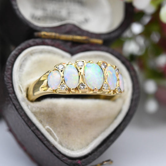 Vintage 18ct Gold Opal Diamond Gypsy Ring - Oval Cabochon Five Stones | Mid-Century Antique Revival Style | UK Size M 1/2 | US Size 6 1/2