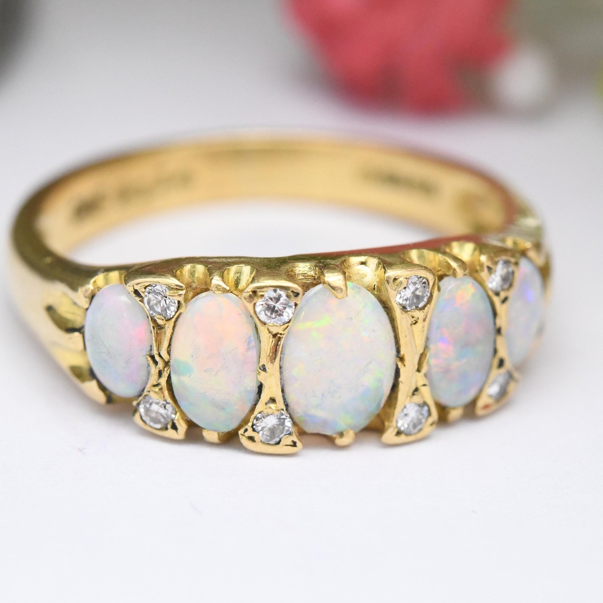 Vintage 18ct Gold Opal Diamond Gypsy Ring - Oval Cabochon Five Stones | Mid-Century Antique Revival Style | UK Size M 1/2 | US Size 6 1/2