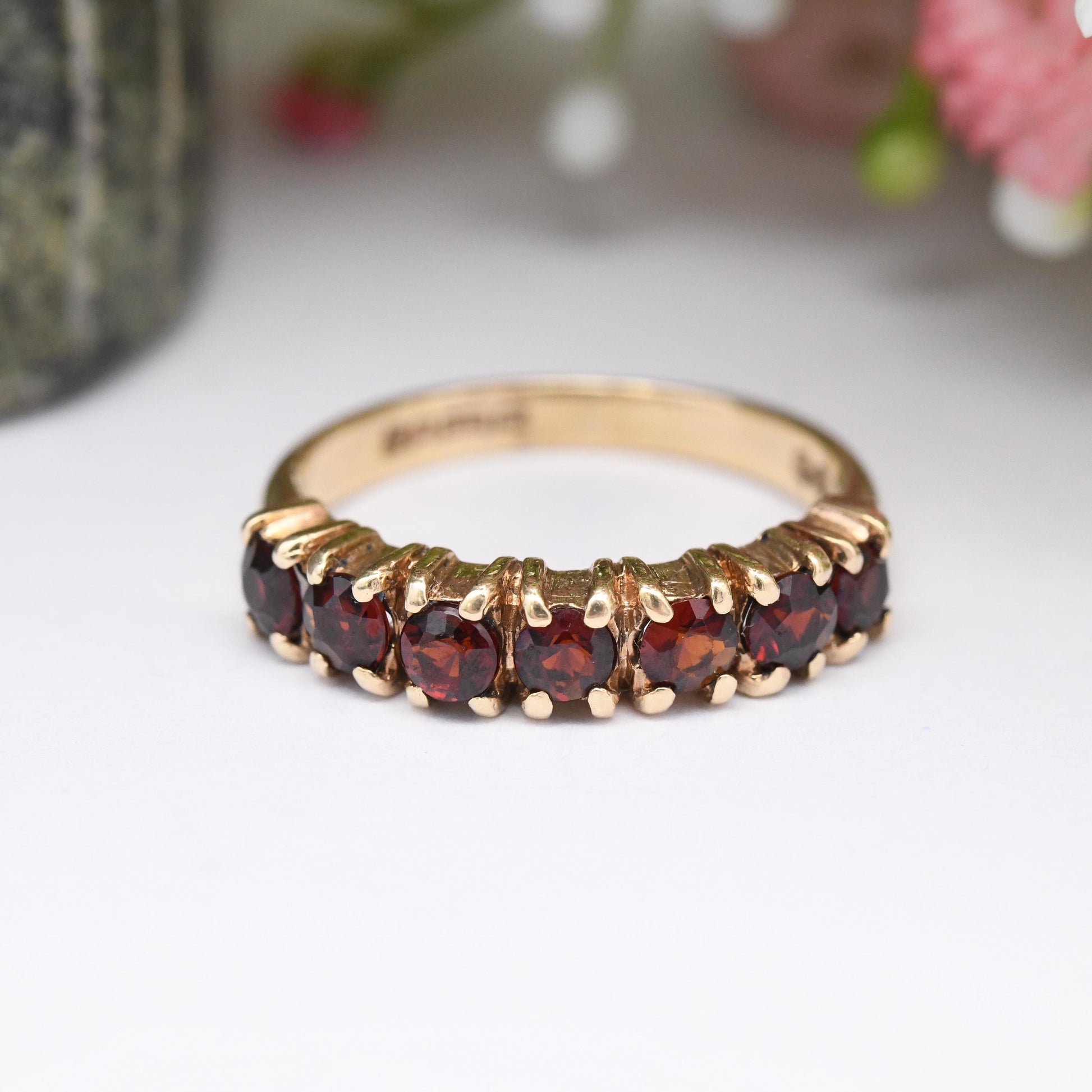 Vintage 9ct Gold Garnet Ring Seven Stones 1978 - Faceted Red Gemstone Half Eternity Band Ring | Large Stones | UK Size - L | US Size - 5 3/4