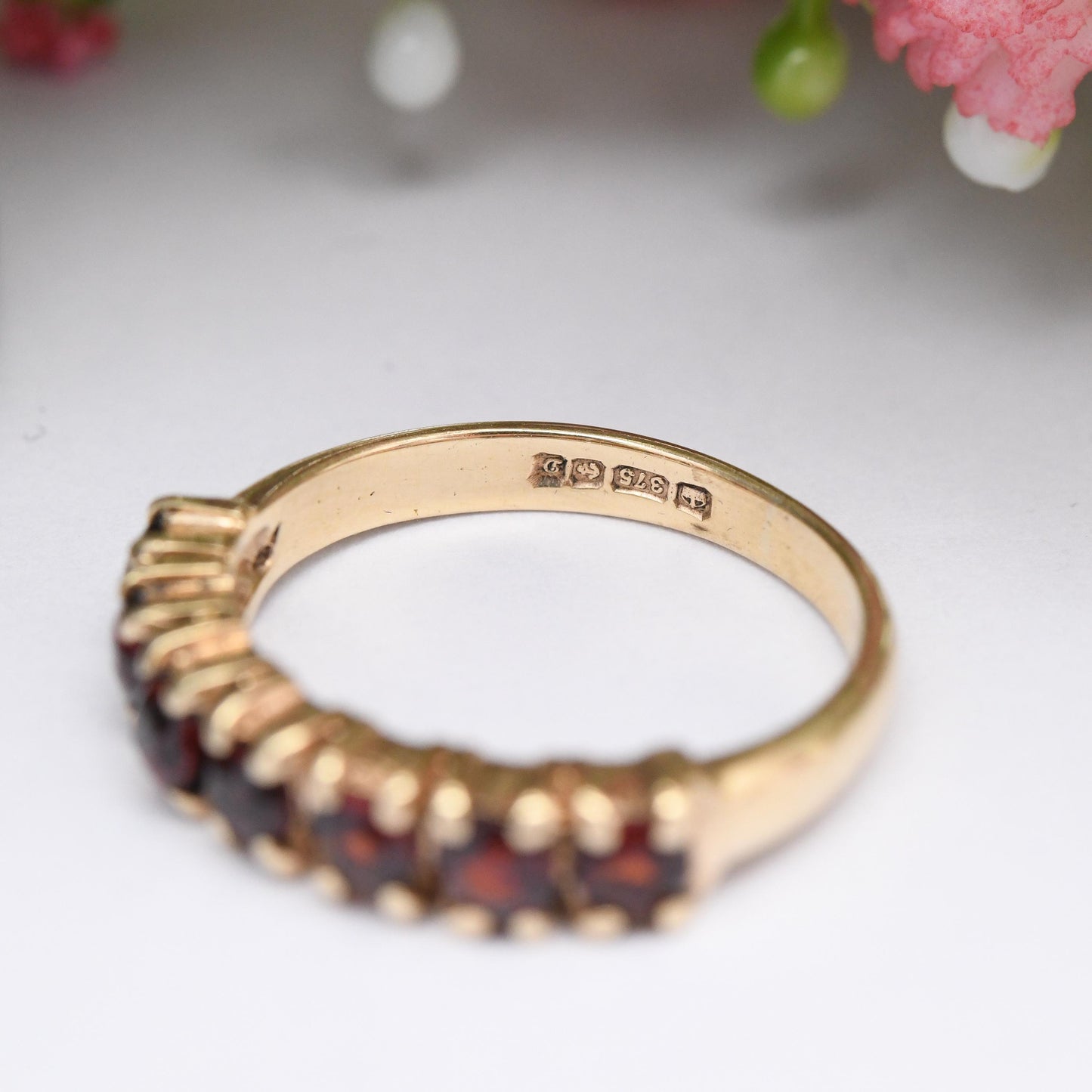 Vintage 9ct Gold Garnet Ring Seven Stones 1978 - Faceted Red Gemstone Half Eternity Band Ring | Large Stones | UK Size - L | US Size - 5 3/4