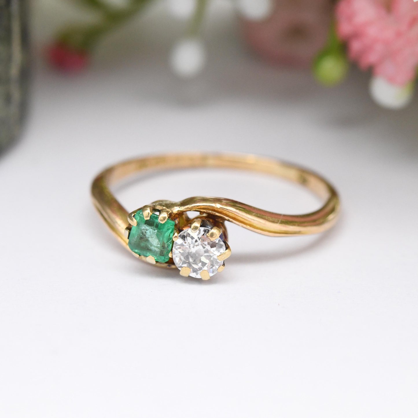 Antique 18ct Gold Diamond and Emerald Toi et Moi Ring 1900 - Edwardian Engagement Ring Two Stone Green White | UK Size M 1/2 | US Size 6 1/2