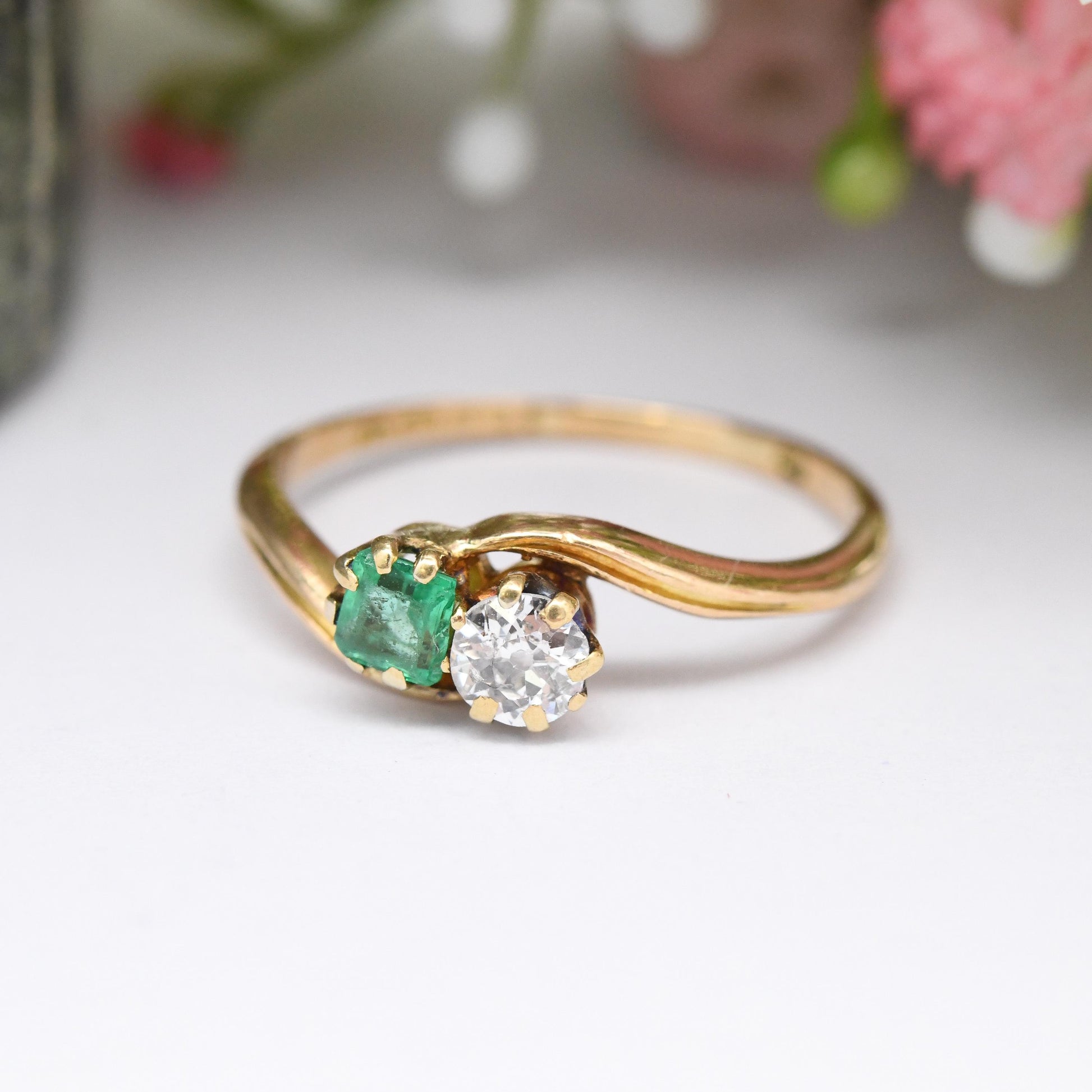 Antique 18ct Gold Diamond and Emerald Toi et Moi Ring 1900 - Edwardian Engagement Ring Two Stone Green White | UK Size M 1/2 | US Size 6 1/2