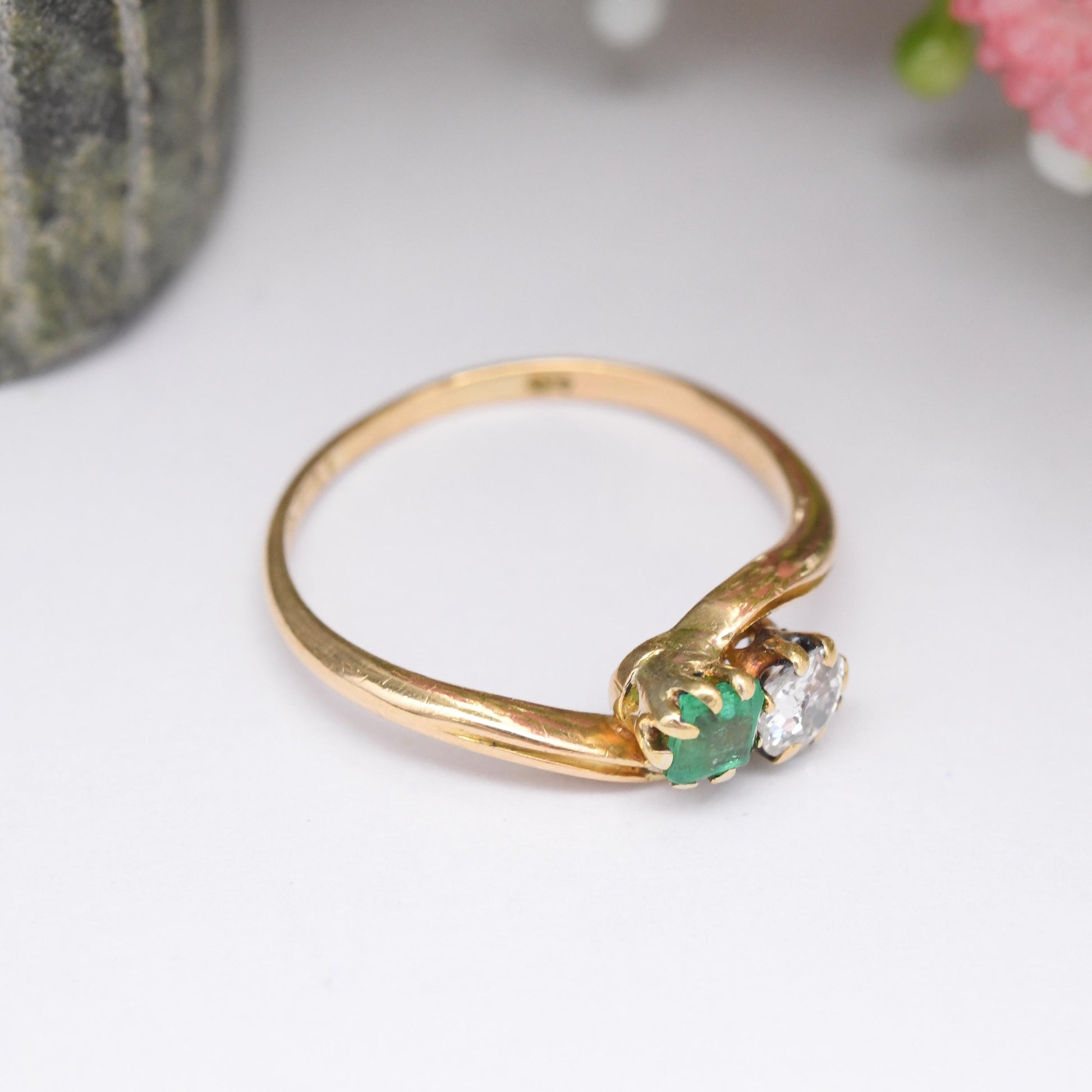 Antique 18ct Gold Diamond and Emerald Toi et Moi Ring 1900 - Edwardian Engagement Ring Two Stone Green White | UK Size M 1/2 | US Size 6 1/2