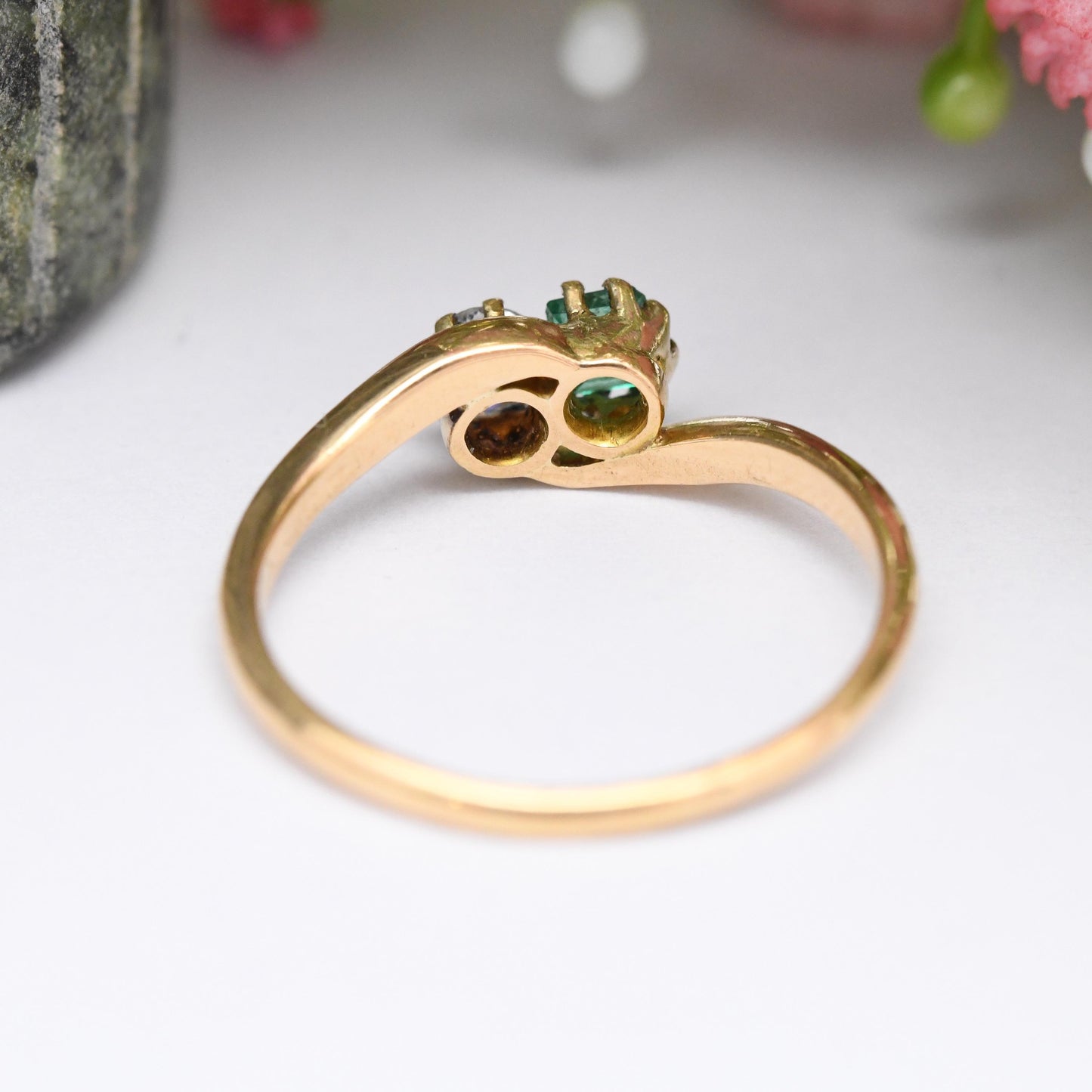 Antique 18ct Gold Diamond and Emerald Toi et Moi Ring 1900 - Edwardian Engagement Ring Two Stone Green White | UK Size M 1/2 | US Size 6 1/2