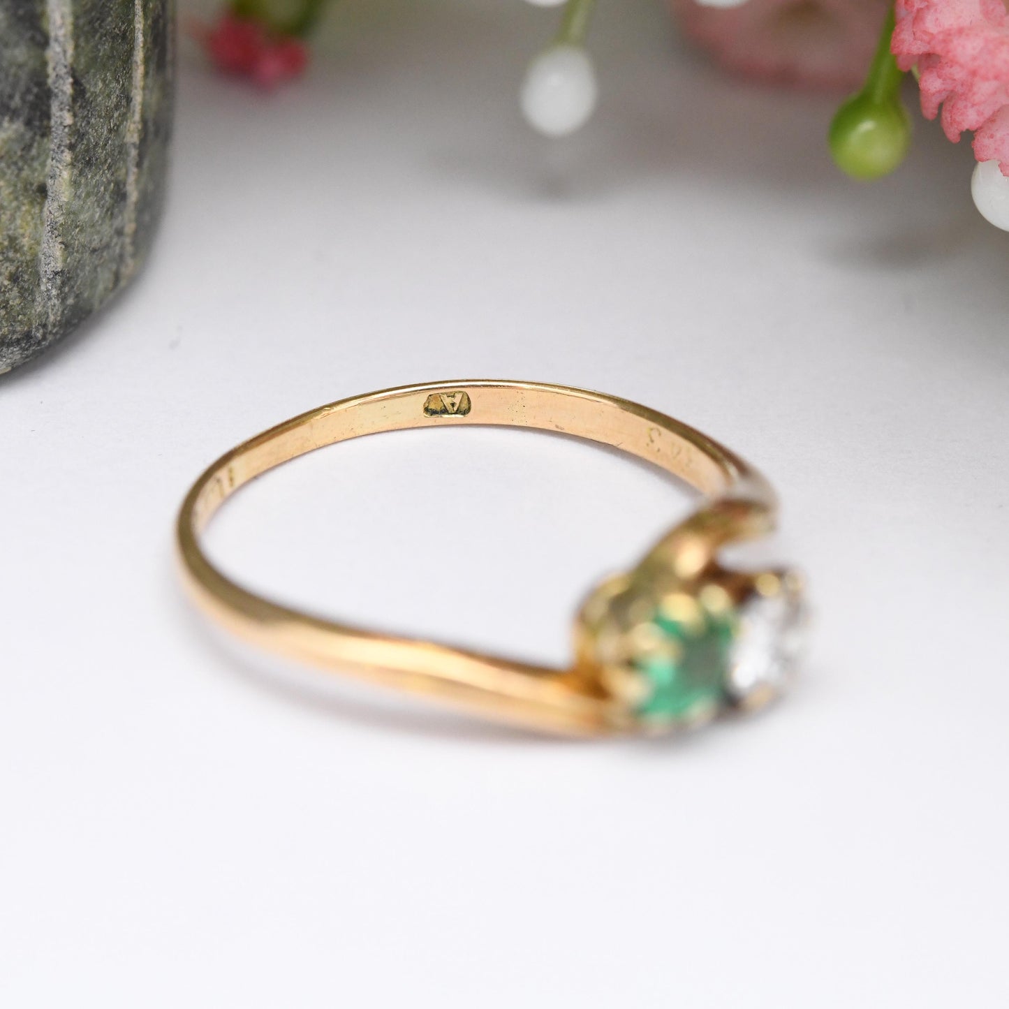 Antique 18ct Gold Diamond and Emerald Toi et Moi Ring 1900 - Edwardian Engagement Ring Two Stone Green White | UK Size M 1/2 | US Size 6 1/2