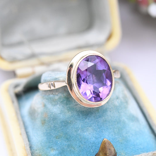 Vintage 9ct Gold Amethyst Ring 1968 - Mid-Century Large Purple Faceted Stone Solitaire | Pretty Gift for Her | UK Size M 1/2 | US Size 6 1/4