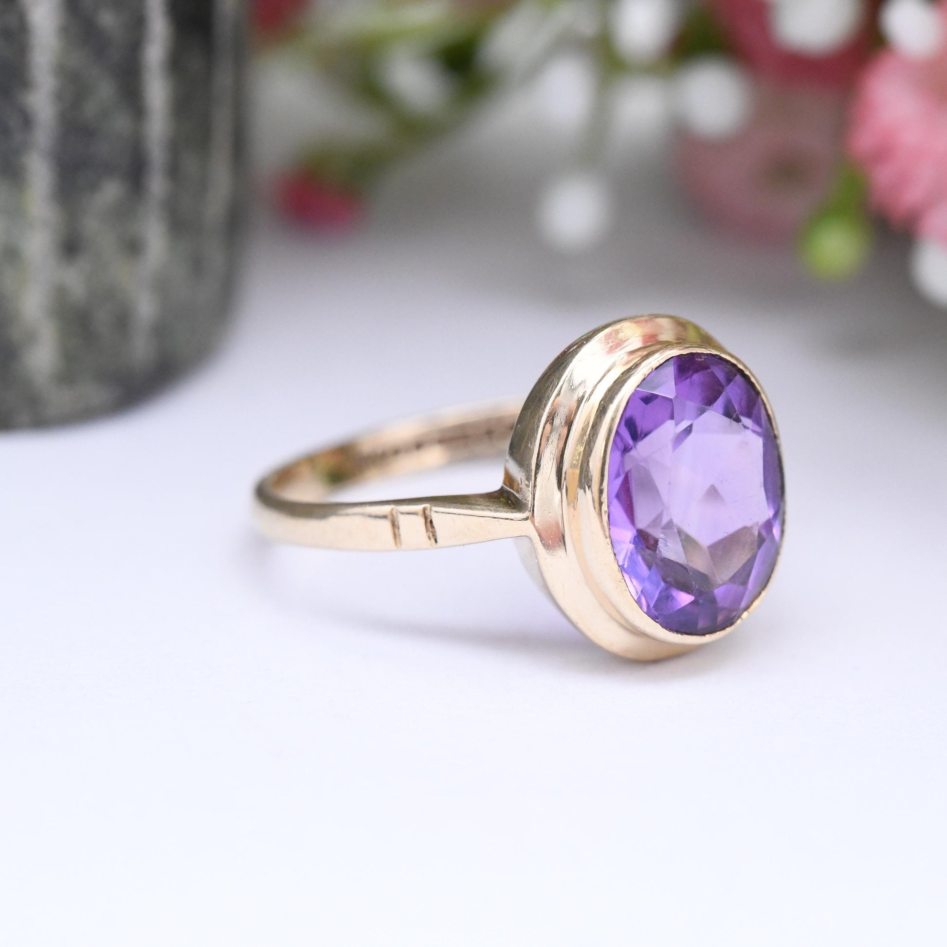 Vintage 9ct Gold Amethyst Ring 1968 - Mid-Century Large Purple Faceted Stone Solitaire | Pretty Gift for Her | UK Size M 1/2 | US Size 6 1/4