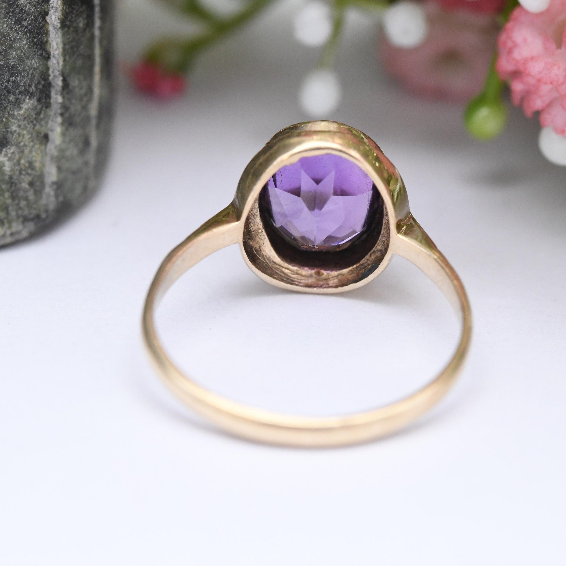 Vintage 9ct Gold Amethyst Ring 1968 - Mid-Century Large Purple Faceted Stone Solitaire | Pretty Gift for Her | UK Size M 1/2 | US Size 6 1/4