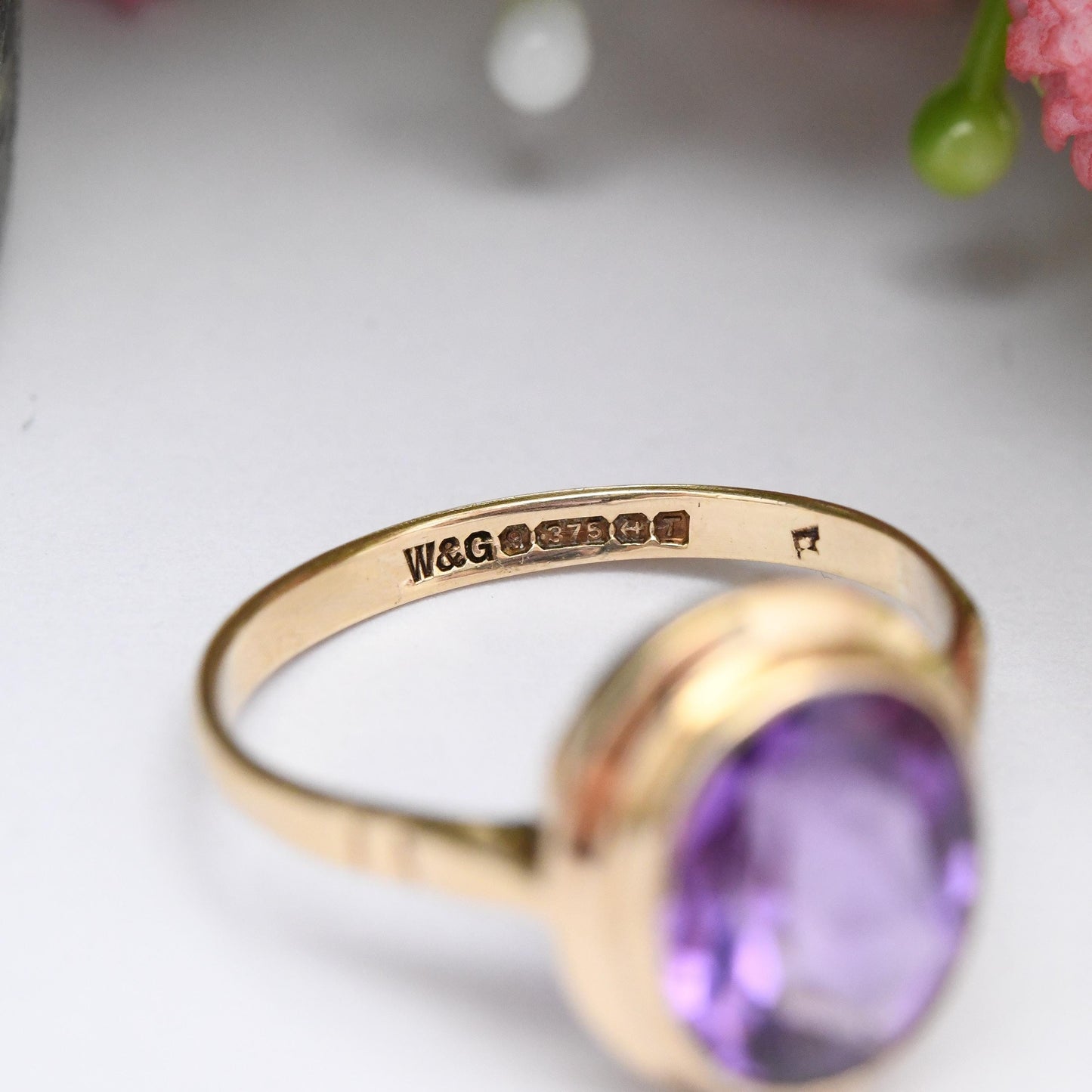 Vintage 9ct Gold Amethyst Ring 1968 - Mid-Century Large Purple Faceted Stone Solitaire | Pretty Gift for Her | UK Size M 1/2 | US Size 6 1/4