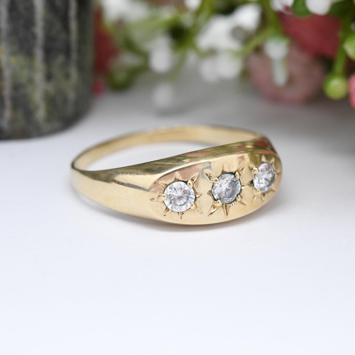 Vintage 9ct Gold CZ Gypsy Ring Star Design - Unisex Three Stone Ring | Gift for Him | Large Size | UK Size - Y 1/2 | US Size - 12 1/4