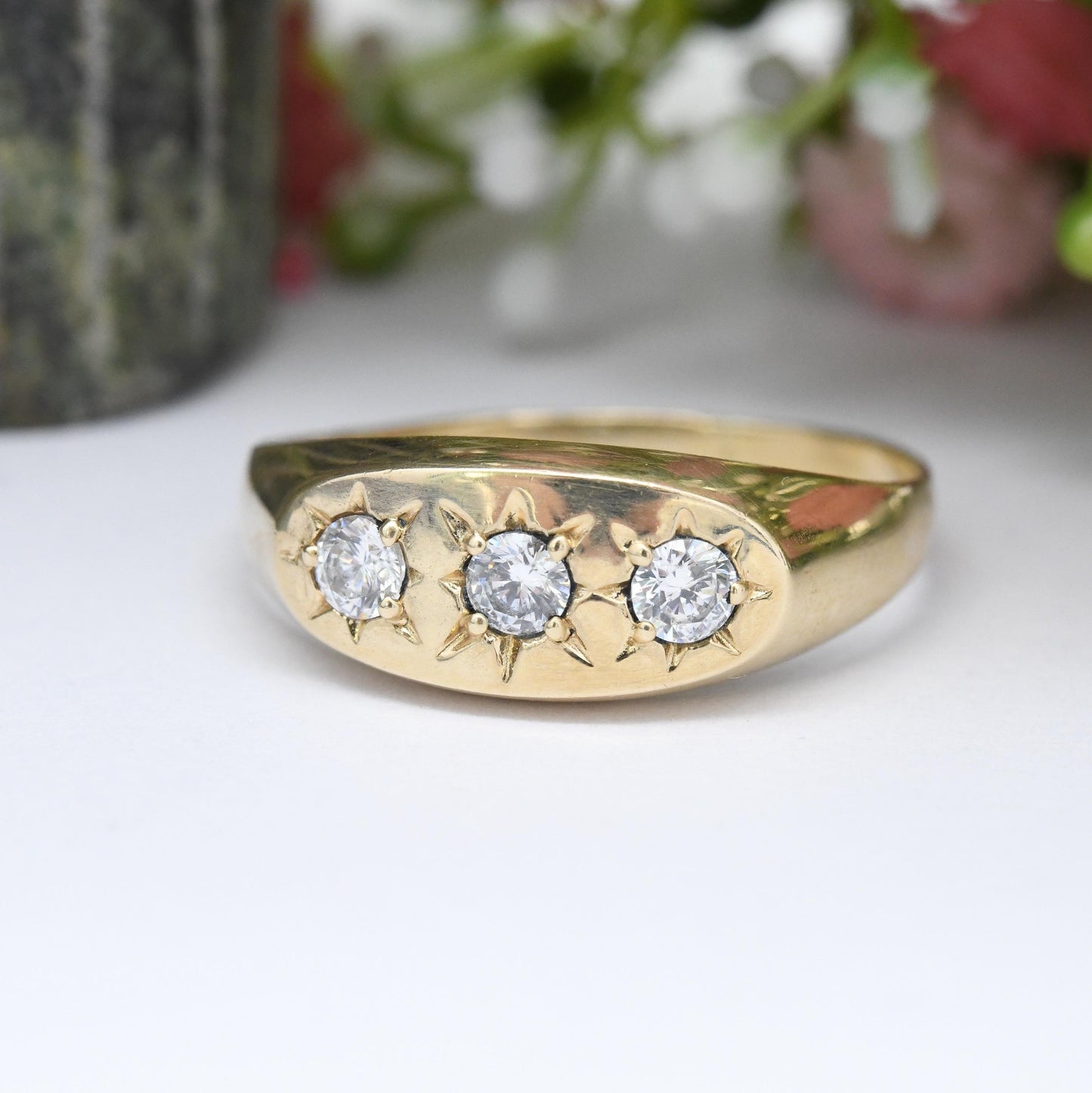 Vintage 9ct Gold CZ Gypsy Ring Star Design - Unisex Three Stone Ring | Gift for Him | Large Size | UK Size - Y 1/2 | US Size - 12 1/4