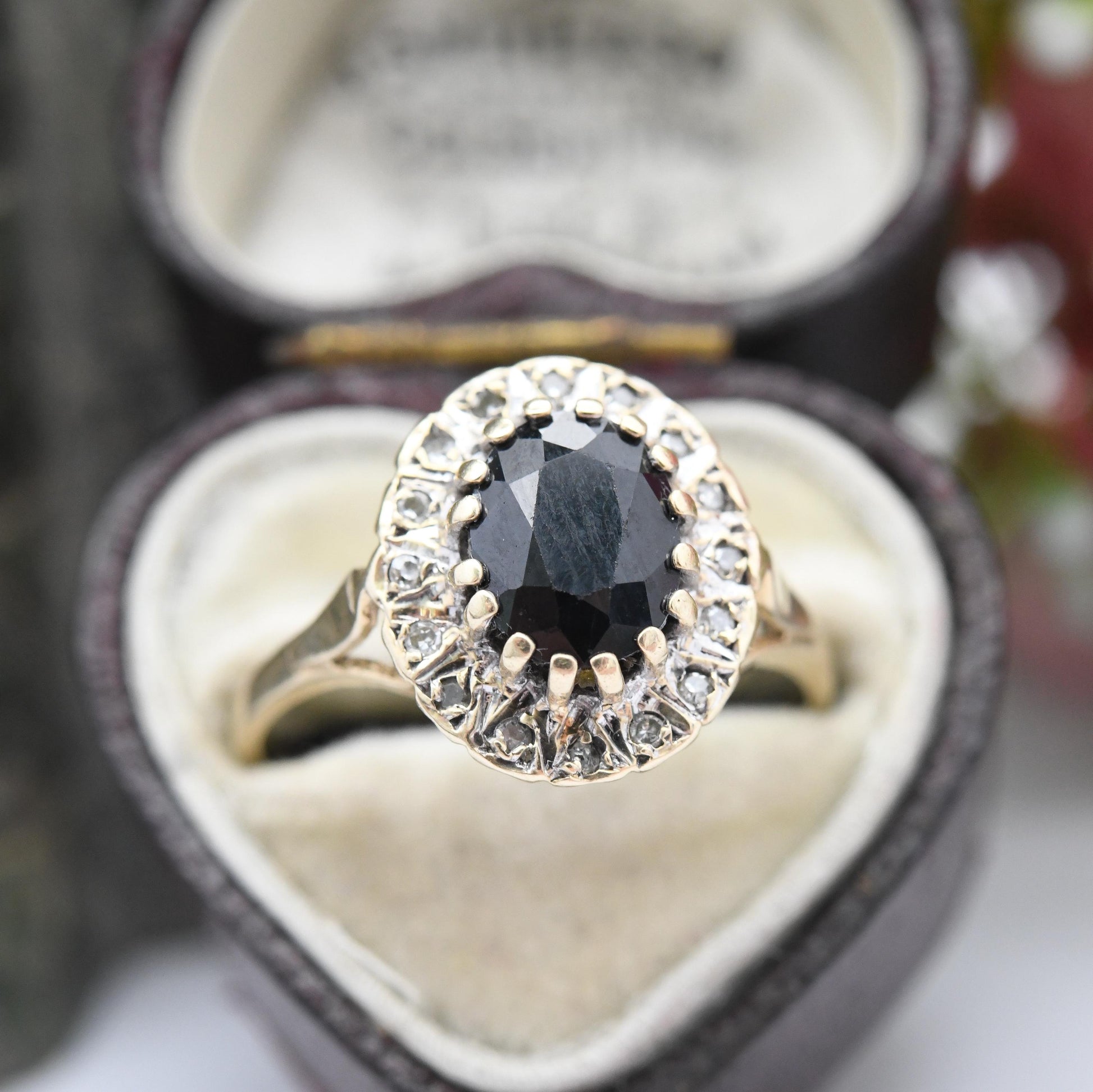 Vintage 9ct Gold Sapphire and Diamond Halo Ring 1994 - Vintage Cocktail Statement Ring | Gift for Her | UK Size - O | US Size - 7 1/4