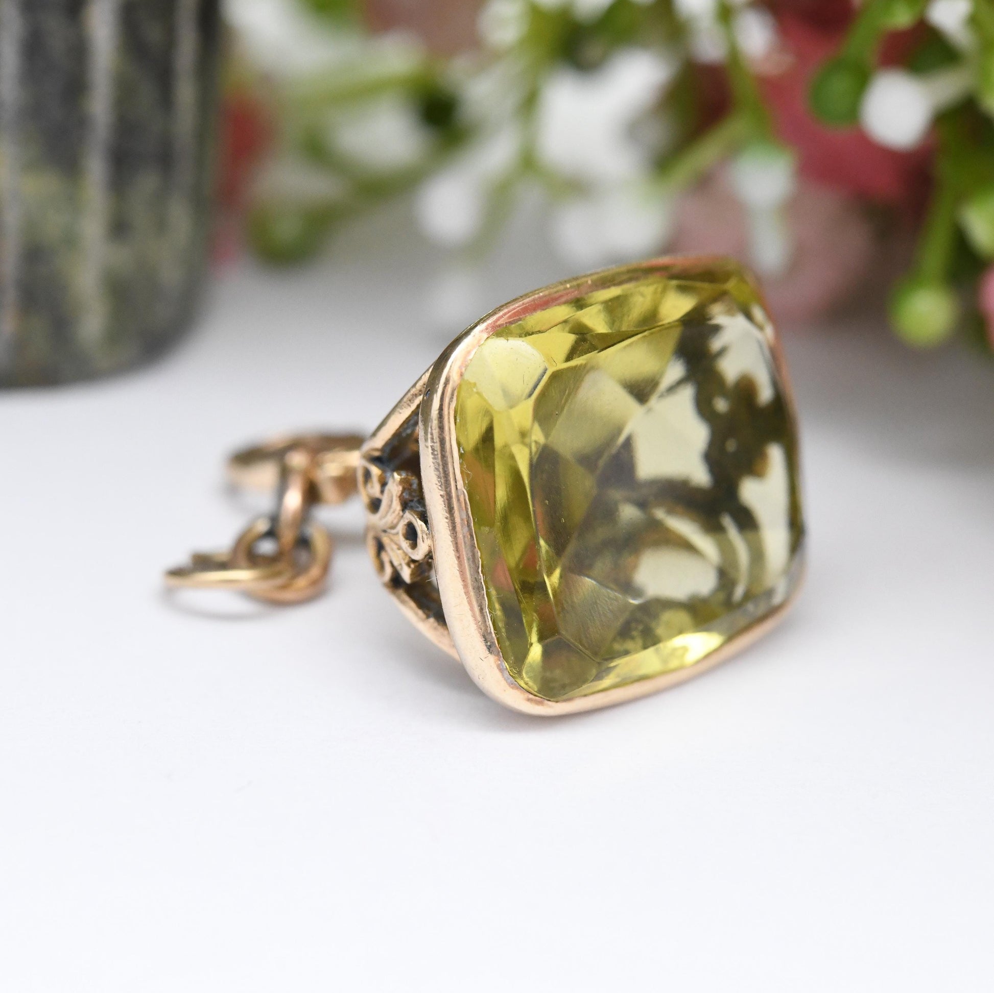 Antique 9ct Gold Citrine Fob - Gemstone Watch Fob Pendant | Victorian Edwardian Era Gold Jewellery | Ornate Mount