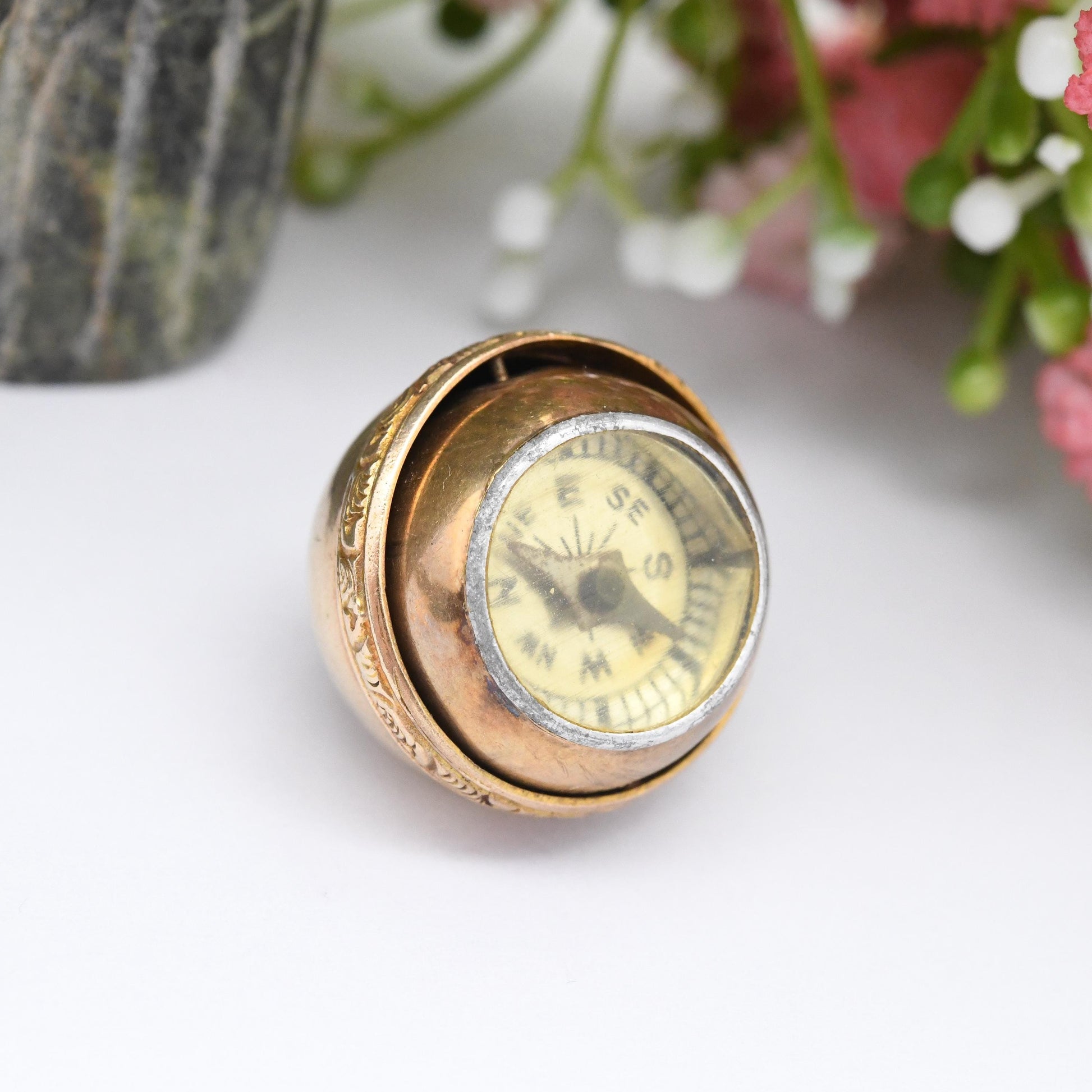 Antique 9ct Gold Swivel Compass Fob Pendant Sphere - Unusual Spinning Ball Secret Hidden Compass Collectable Vintage Jewellery