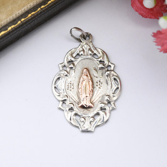 Antique French Silver and Rose Gold Virgin Mary Pendant - Art Nouveau Era Religious Necklace French Jewellery | Ornate Floral Design