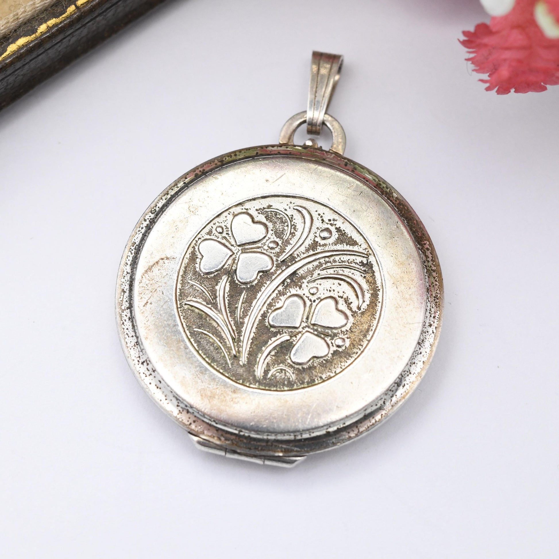 Vintage Sterling Silver Shamrock Locket Pendant by Kordes and Lichtenfels K&L - Mid-Century Designer Locket Large Circle Shape Gift for Her