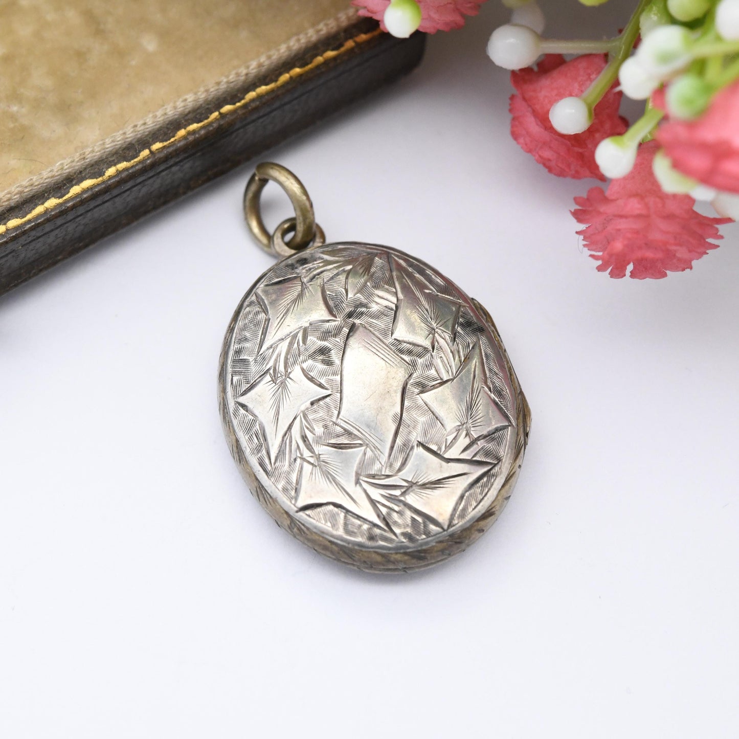 Antique Victorian Locket Pendant Sterling Silver Back and Front with Engraved Flower and Ivy Leaf Design - Oval Necklace Sentimental Gift