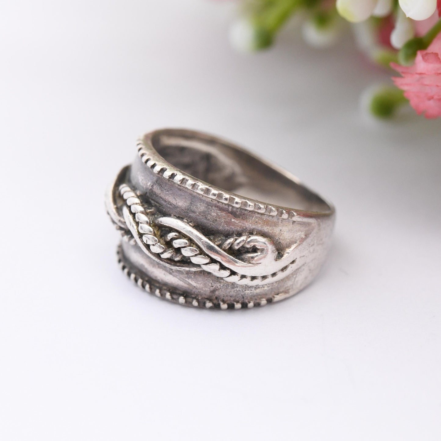 Vintage Sterling Silver Rope Twist Band Ring - Chunky Knotted Silver Jewellery | Wide Band | UK Size - M | US Size - 6 1/4