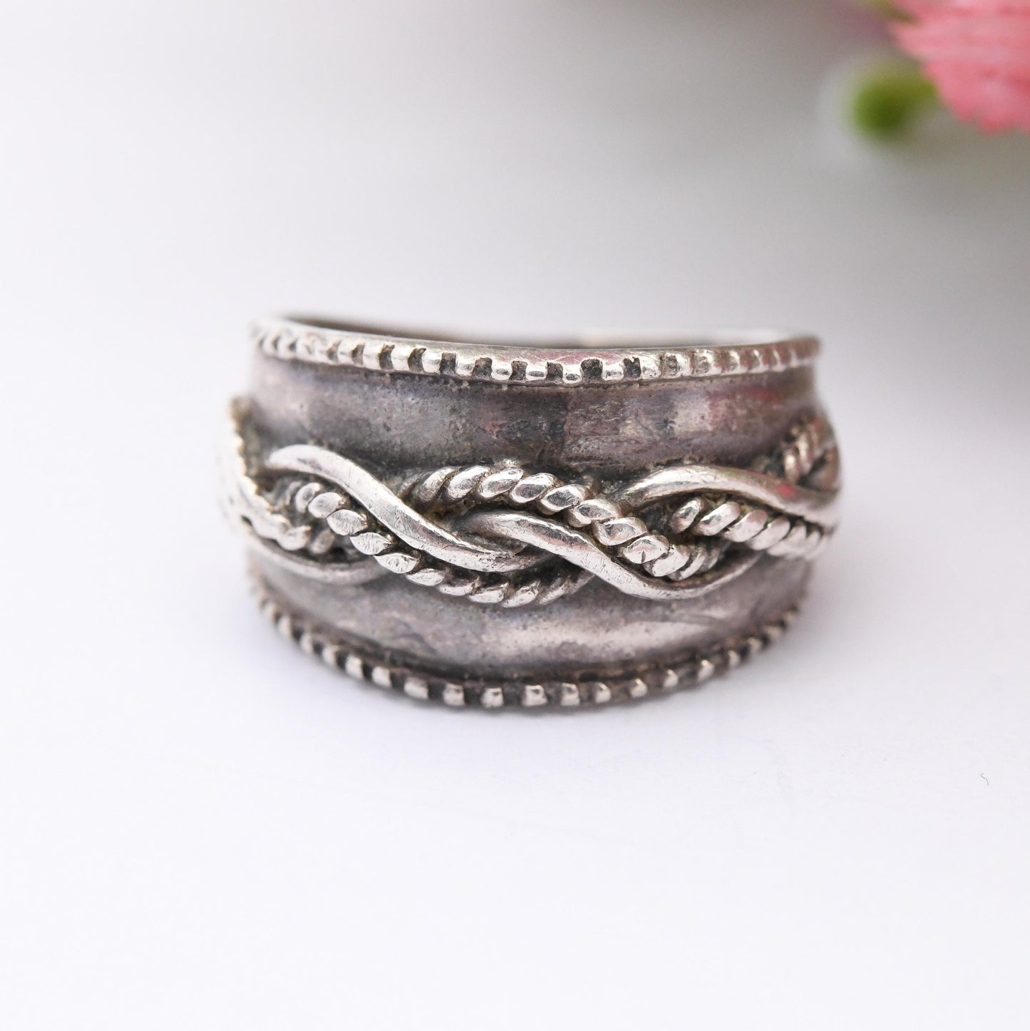 Vintage Sterling Silver Rope Twist Band Ring - Chunky Knotted Silver Jewellery | Wide Band | UK Size - M | US Size - 6 1/4