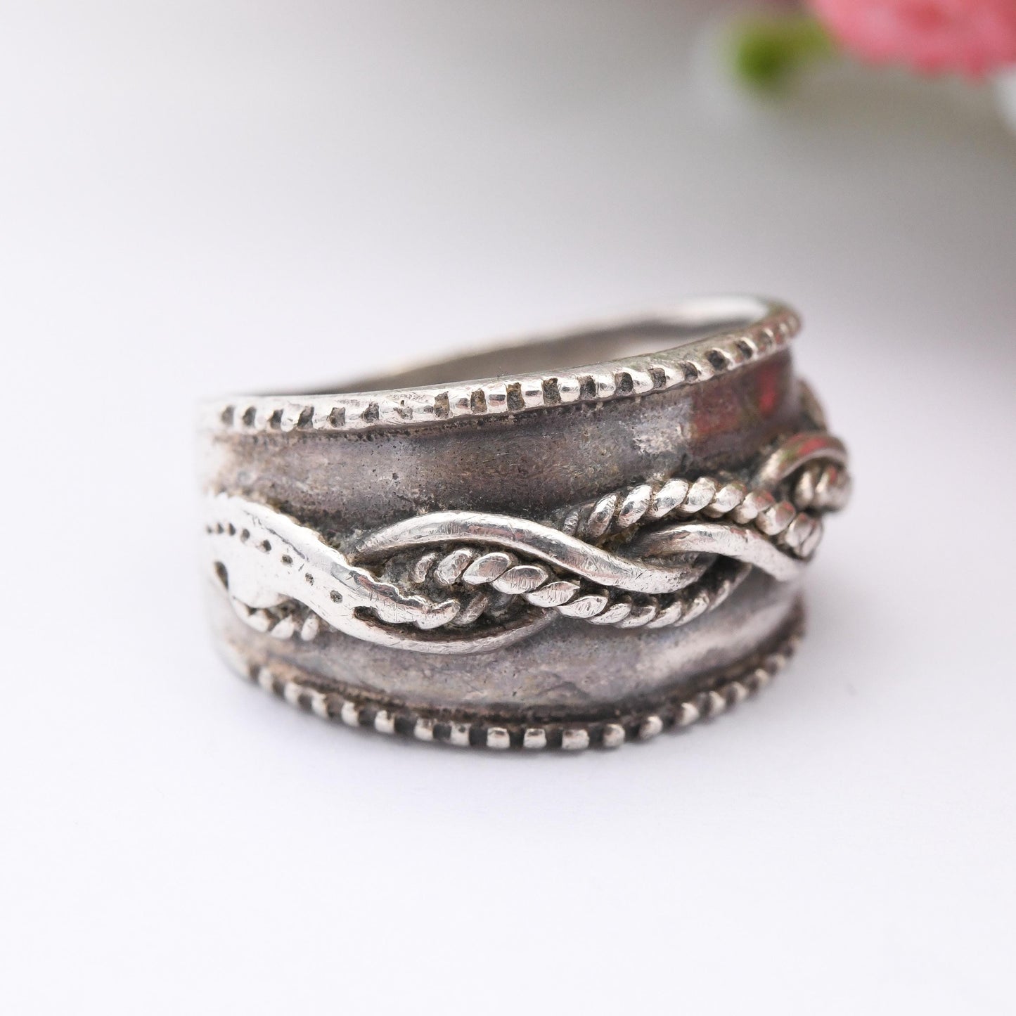 Vintage Sterling Silver Rope Twist Band Ring - Chunky Knotted Silver Jewellery | Wide Band | UK Size - M | US Size - 6 1/4