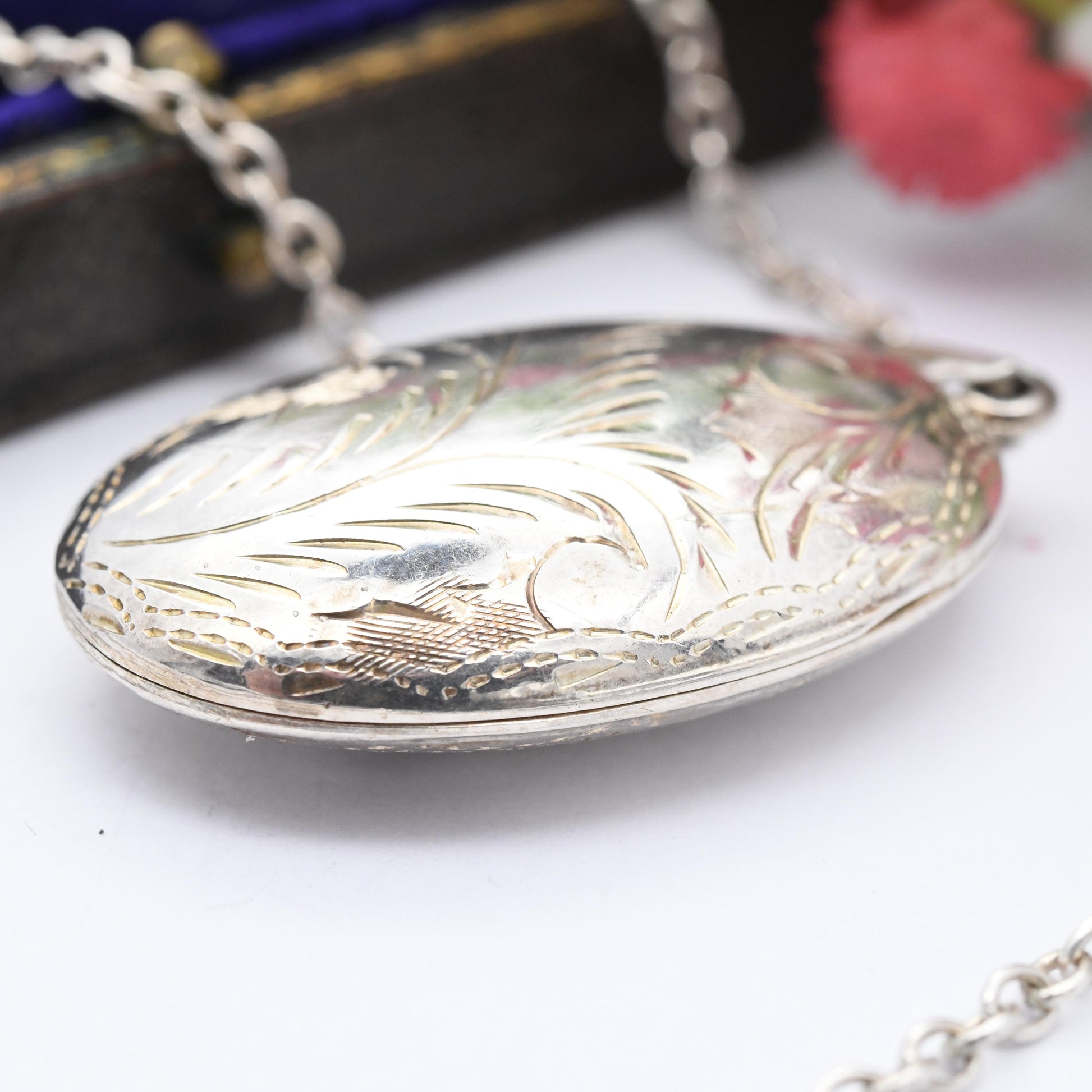 Vintage Sterling Silver Locket Pendant Necklace with Engraved Scrolling Design - Rounded Chunky Oval Shape on Long Cable Chain