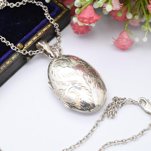 Vintage Sterling Silver Locket Pendant Necklace with Engraved Scrolling Design - Rounded Chunky Oval Shape on Long Cable Chain