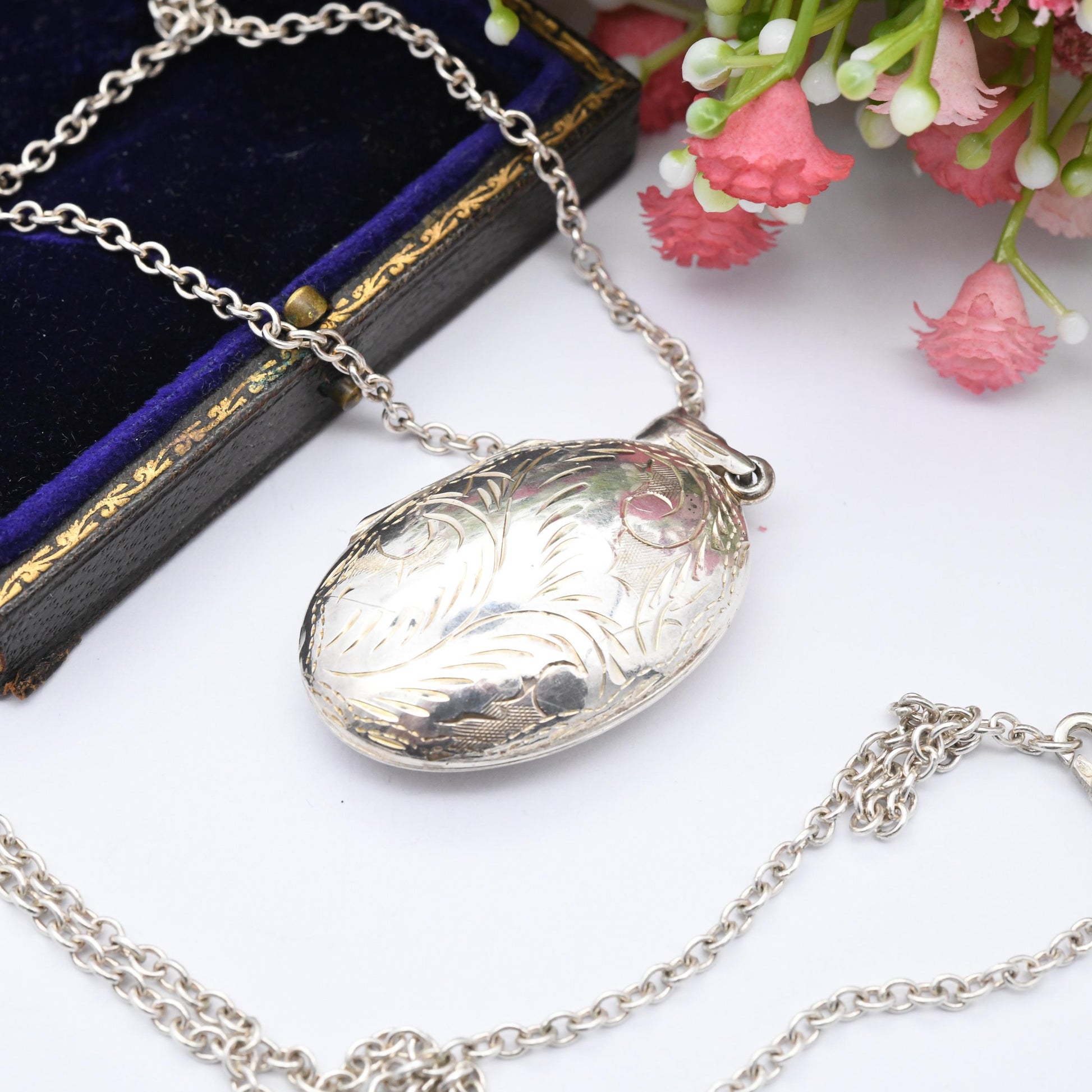 Vintage Sterling Silver Locket Pendant Necklace with Engraved Scrolling Design - Rounded Chunky Oval Shape on Long Cable Chain