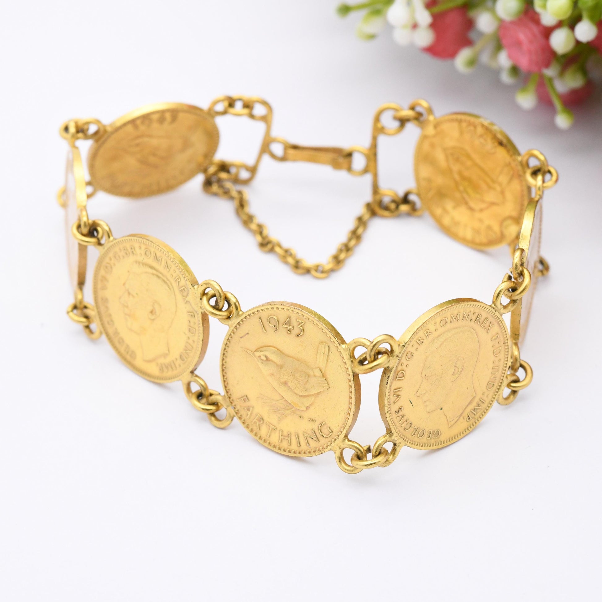 Vintage George VI 1943 Farthing Coin Bracelet Gold Bracelet - Gift for Numismatist Collector | UK Royal King Unusual Vintage Coin Jewellery