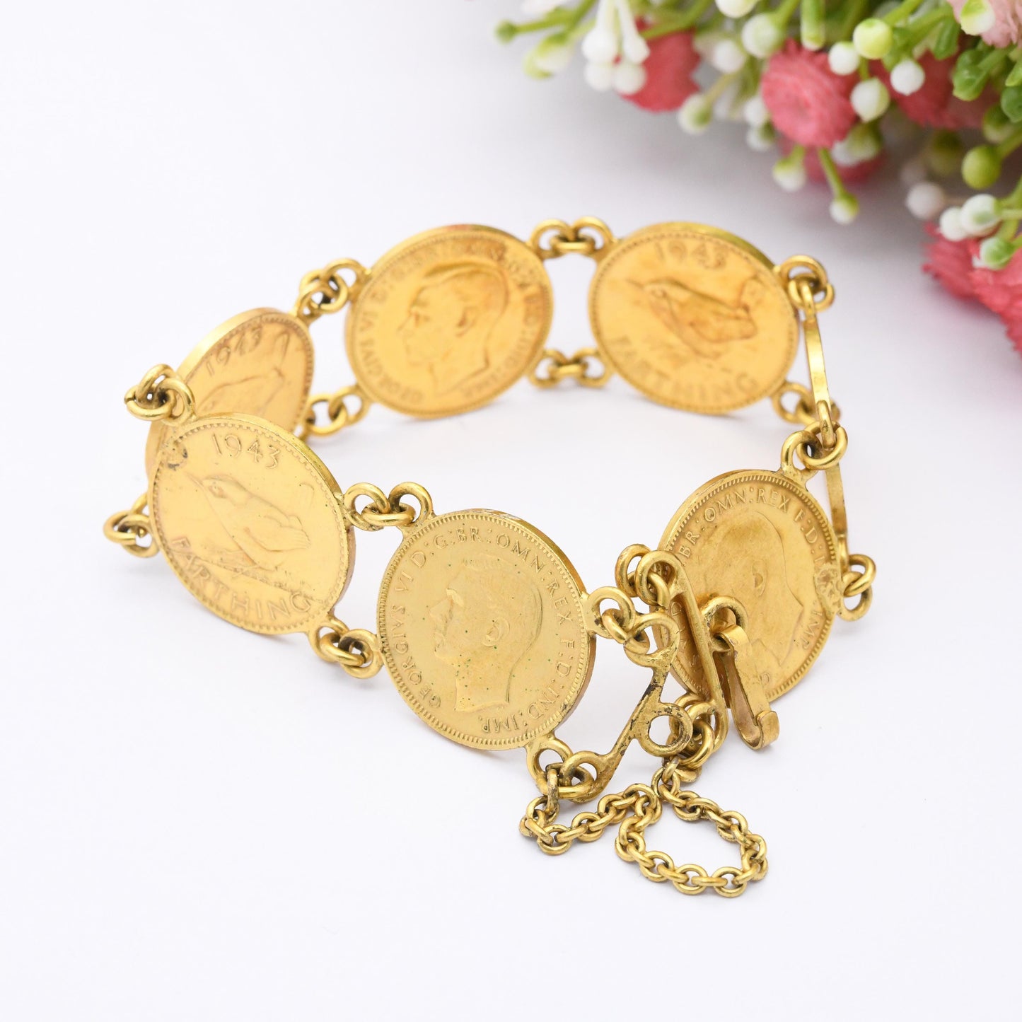 Vintage George VI 1943 Farthing Coin Bracelet Gold Bracelet - Gift for Numismatist Collector | UK Royal King Unusual Vintage Coin Jewellery