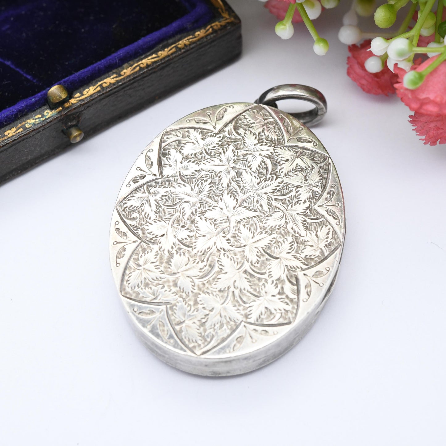 Antique Victorian Aesthetic Movement Sterling Silver Locket with Ivy Leaf Design - Large Oval Pendant | Monogram Initial F | Celtic Knot Fox