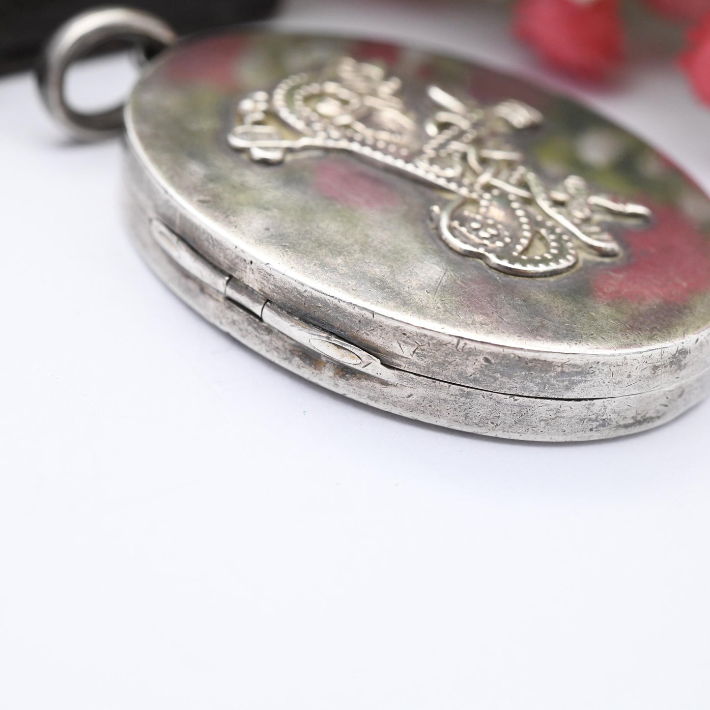 Antique Victorian Aesthetic Movement Sterling Silver Locket with Ivy Leaf Design - Large Oval Pendant | Monogram Initial F | Celtic Knot Fox