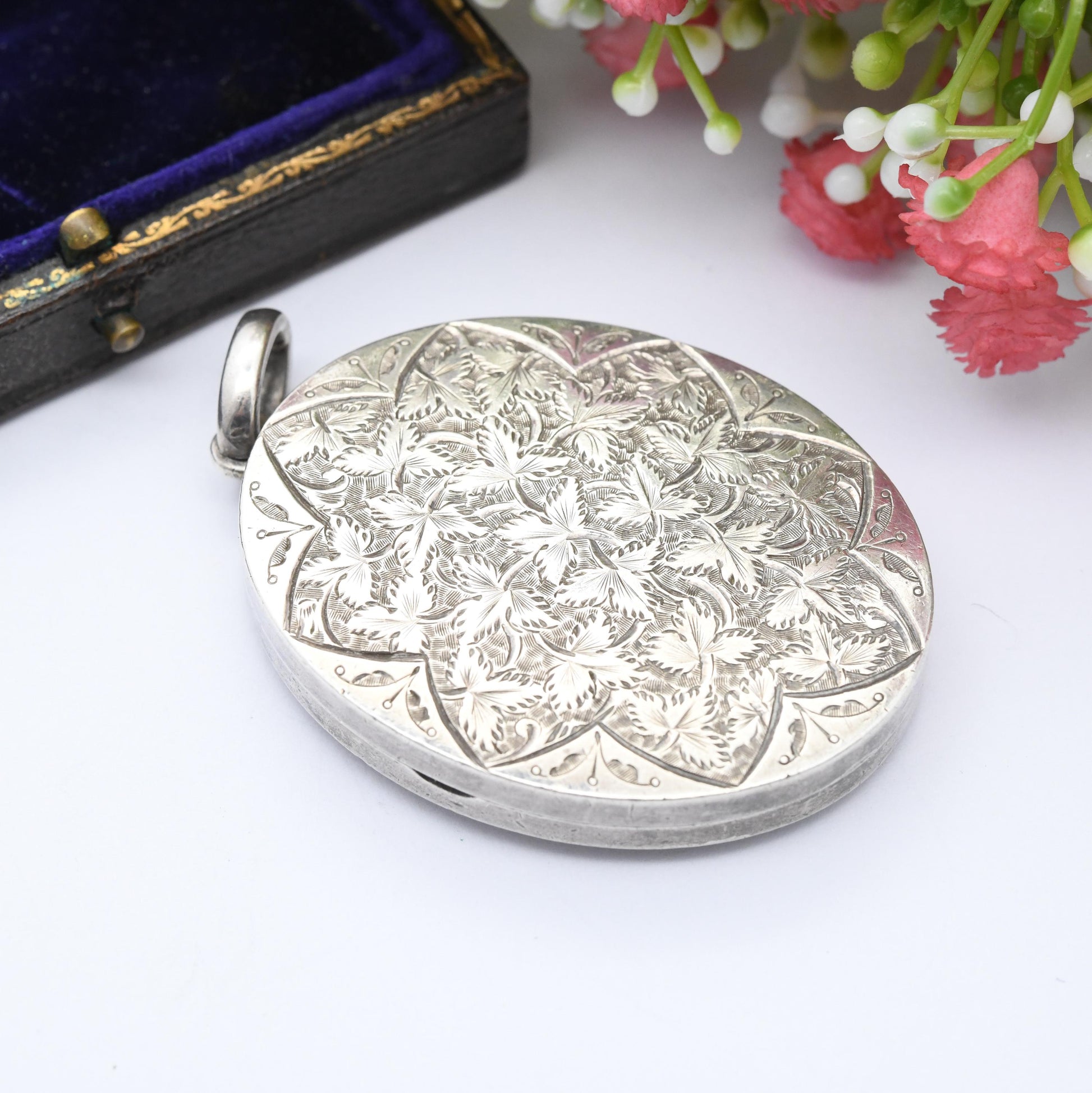 Antique Victorian Aesthetic Movement Sterling Silver Locket with Ivy Leaf Design - Large Oval Pendant | Monogram Initial F | Celtic Knot Fox