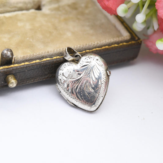 Vintage Sterling Silver Heart Locket Pendant with Engraved Scrolling Design - Small Love Heart Shape Locket Charm Pretty Gift for Her