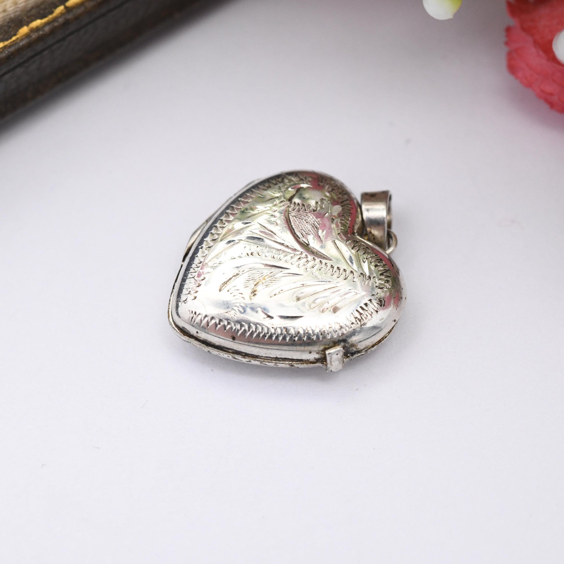 Vintage Sterling Silver Heart Locket Pendant with Engraved Scrolling Design - Small Love Heart Shape Locket Charm Pretty Gift for Her