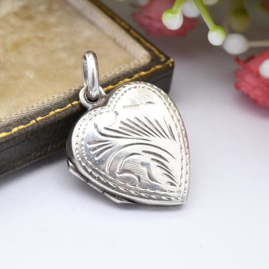 Vintage Sterling Silver Heart Locket Pendant with Engraved Feather Design - Love Heart Shape Locket Pretty Gift for Her Charm Necklace Stack