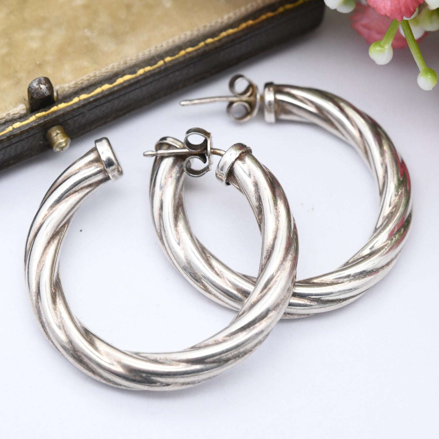 Vintage Sterling Silver Large Hoop Earrings - Made in Italy Italian Circular Hoops | Chunky Silver Twist Earrings